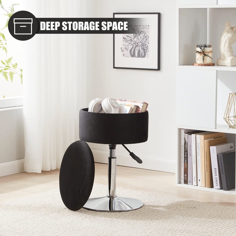 RUCUKEN Adjustable Ottoman Stool Black Vanity Stool Vanity Chair for Makeup Room Stool Chair for Vanity Stool with Storage Makeup Stools with Storage Swivel Makeup Chair for Bathroom Velvet