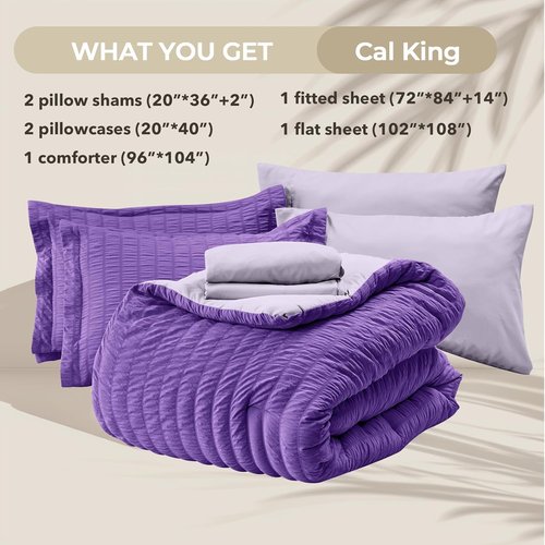 HYMOKEGE California King Comforter Set - Dark Purple & Lavender Seersucker | 7-Piece All-Season Luxury Bedding Set
