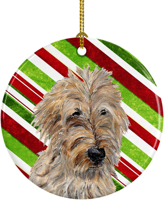 Golden Doodle Candy Cane Christmas Ornament - 3” Ceramic Tree Decoration