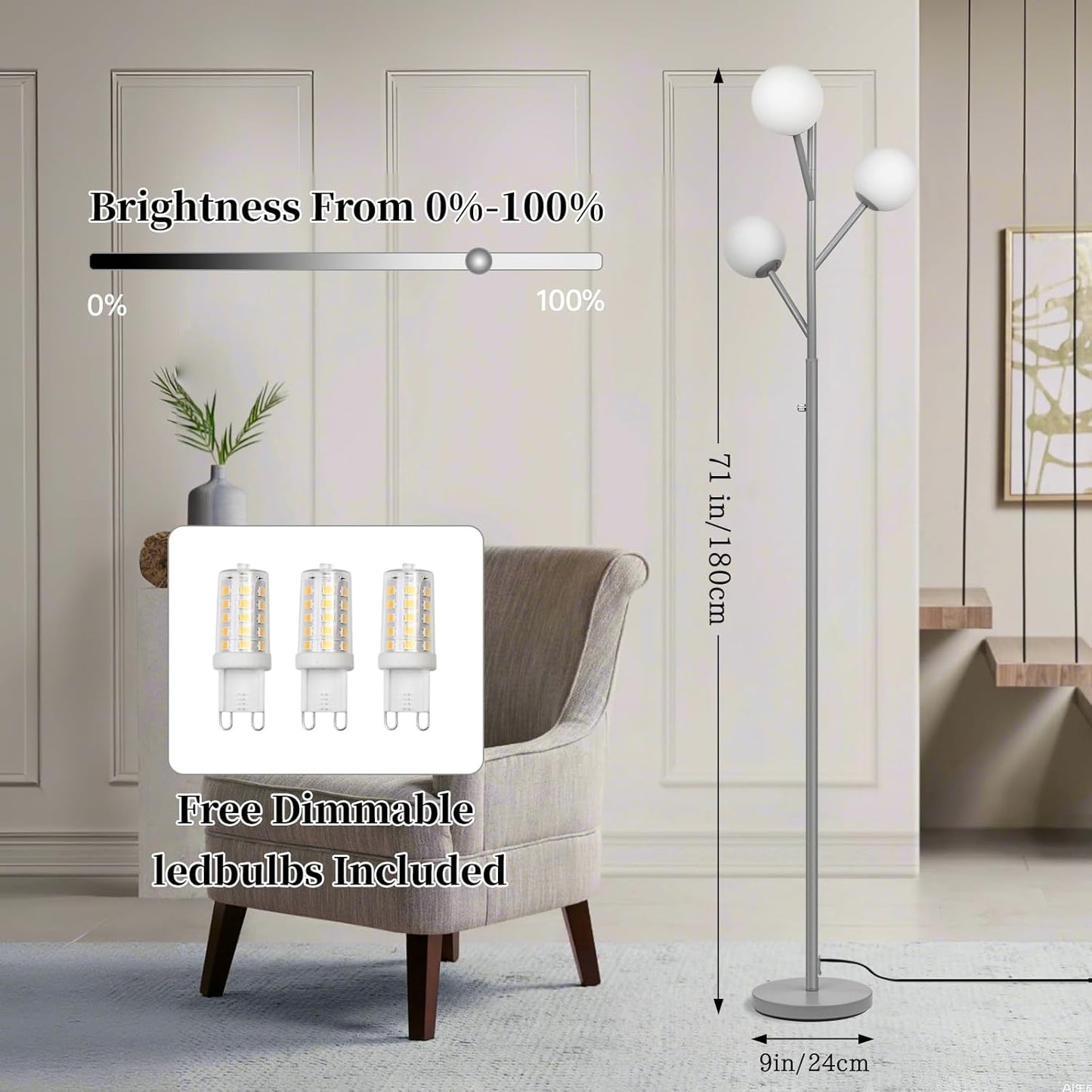 Globe Mid Century Tree Floor Lamp with 3 Light Bulbs,70in Tall Standing Glod Floor Lamp with Frosted Glass Shade for Living Room,Office,Bedroom, Study Room, Hotel, Antique Brass Lighting
