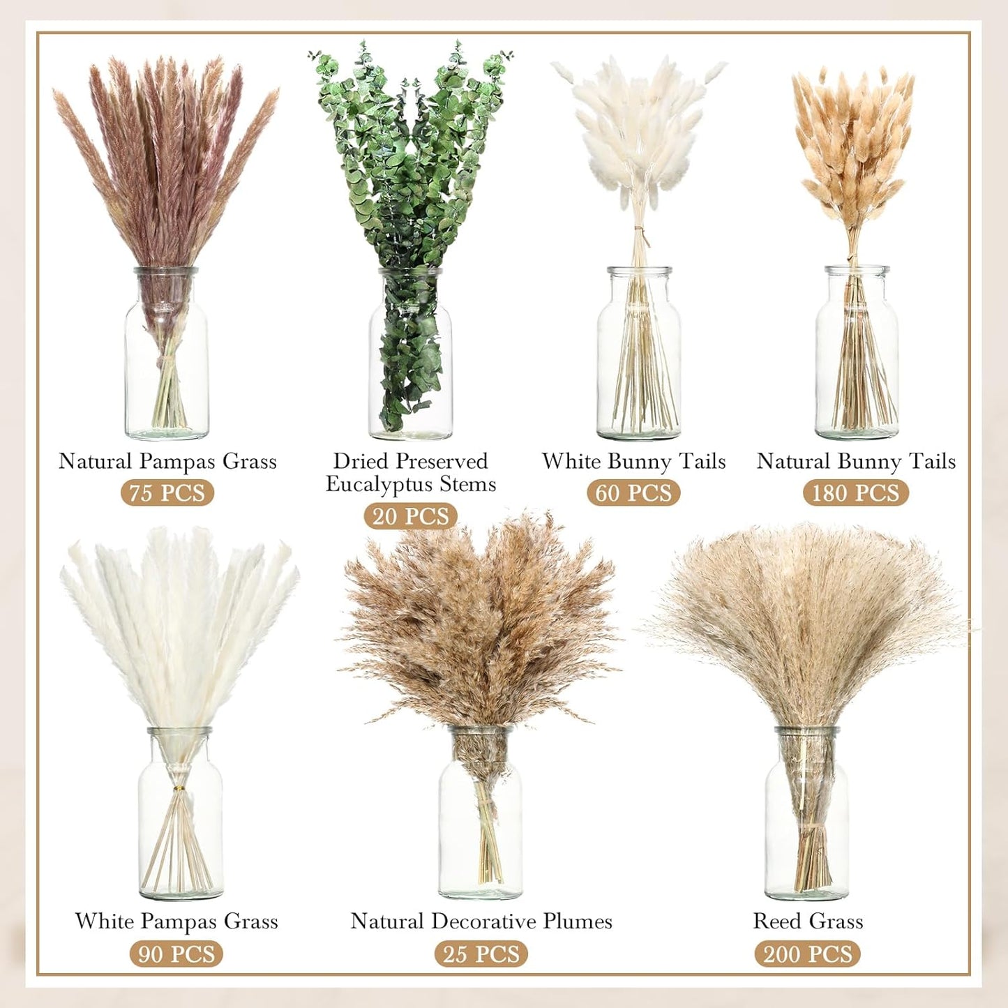 Treela 650 Pcs Dried Pampas Grass Decor Bulk 17" Dried Bunny Tail Fluffy Pompous Pampas Natural Reed Grass Bouquet Wedding Boho Dried Flowers for Home Table Party Decor(Stylish)