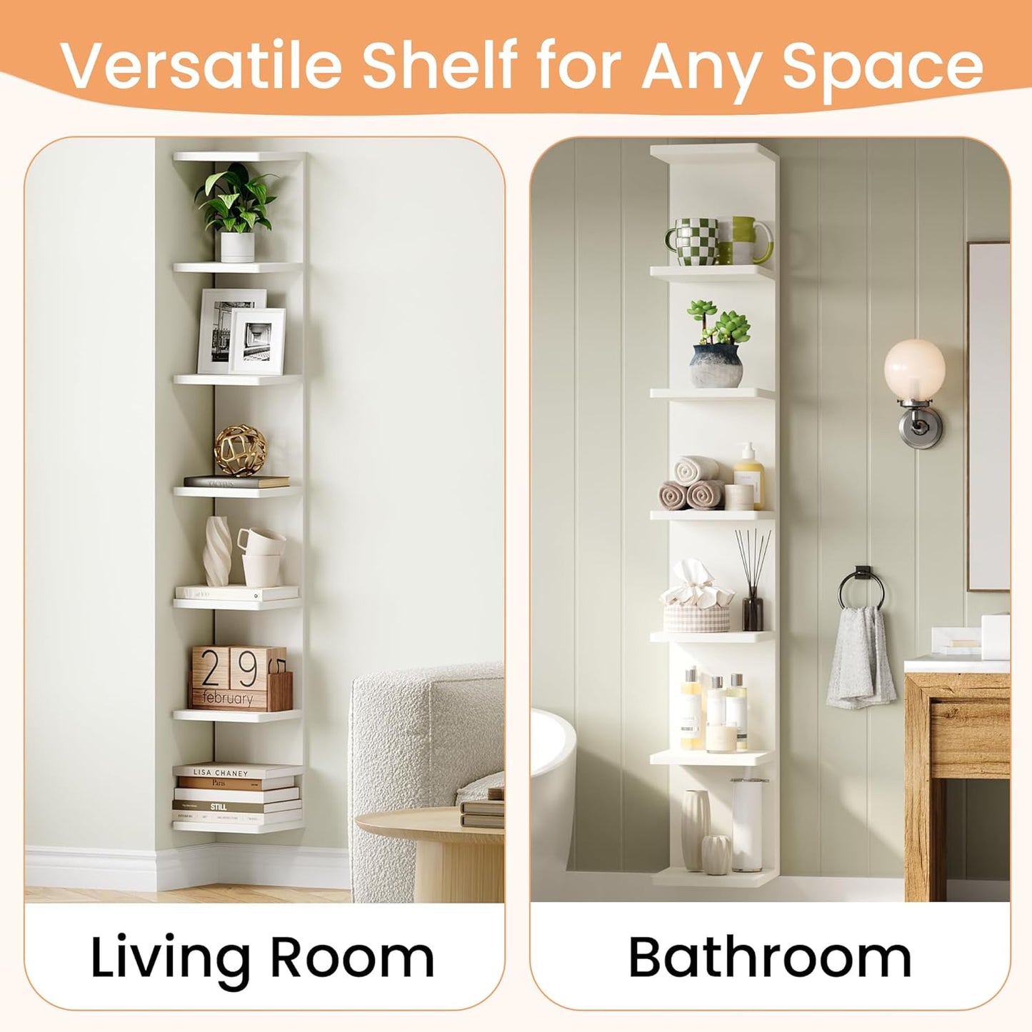 Upsimples 7-Tier Floating Wall Shelf - White Wall-Mounted Display & Storage for Home & Office