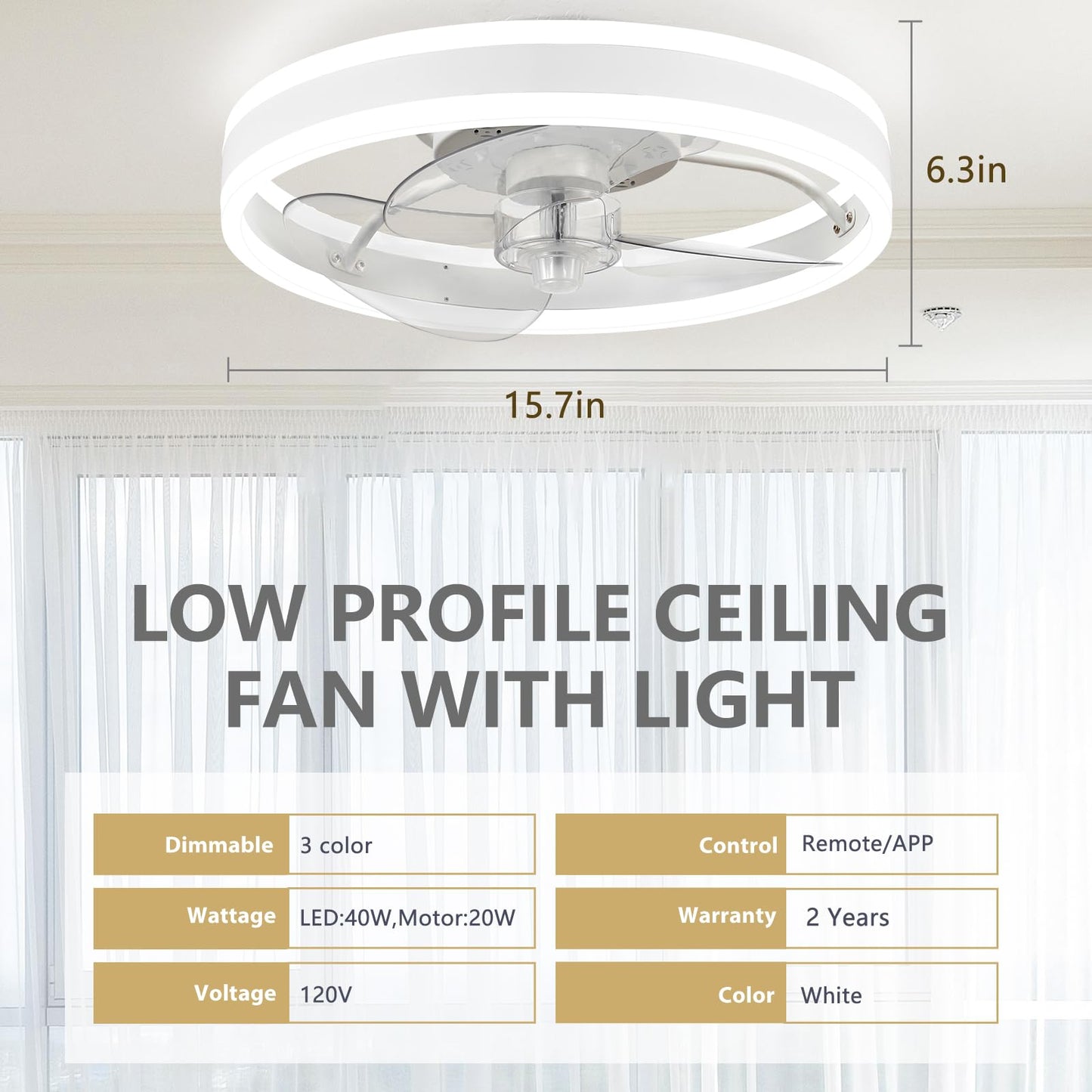 SAMPHON Low Profile Ceiling Fans with Lights and Remote, 15.7'' Led Flush Mount Ceiling Fan, Stepless Dimmable Bladeless Small Ceiling Fans with Lights for Bedroom, Living Room and Kitchen - White