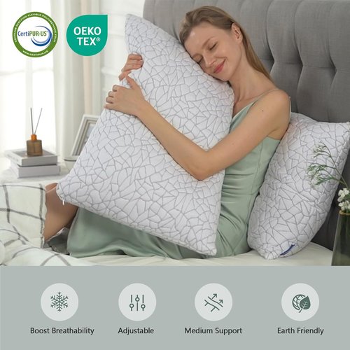 BPC Premium Rayon Bamboo Firm Pillows - Hypoallergenic Shredded Memory Foam | Queen Size Set of 2