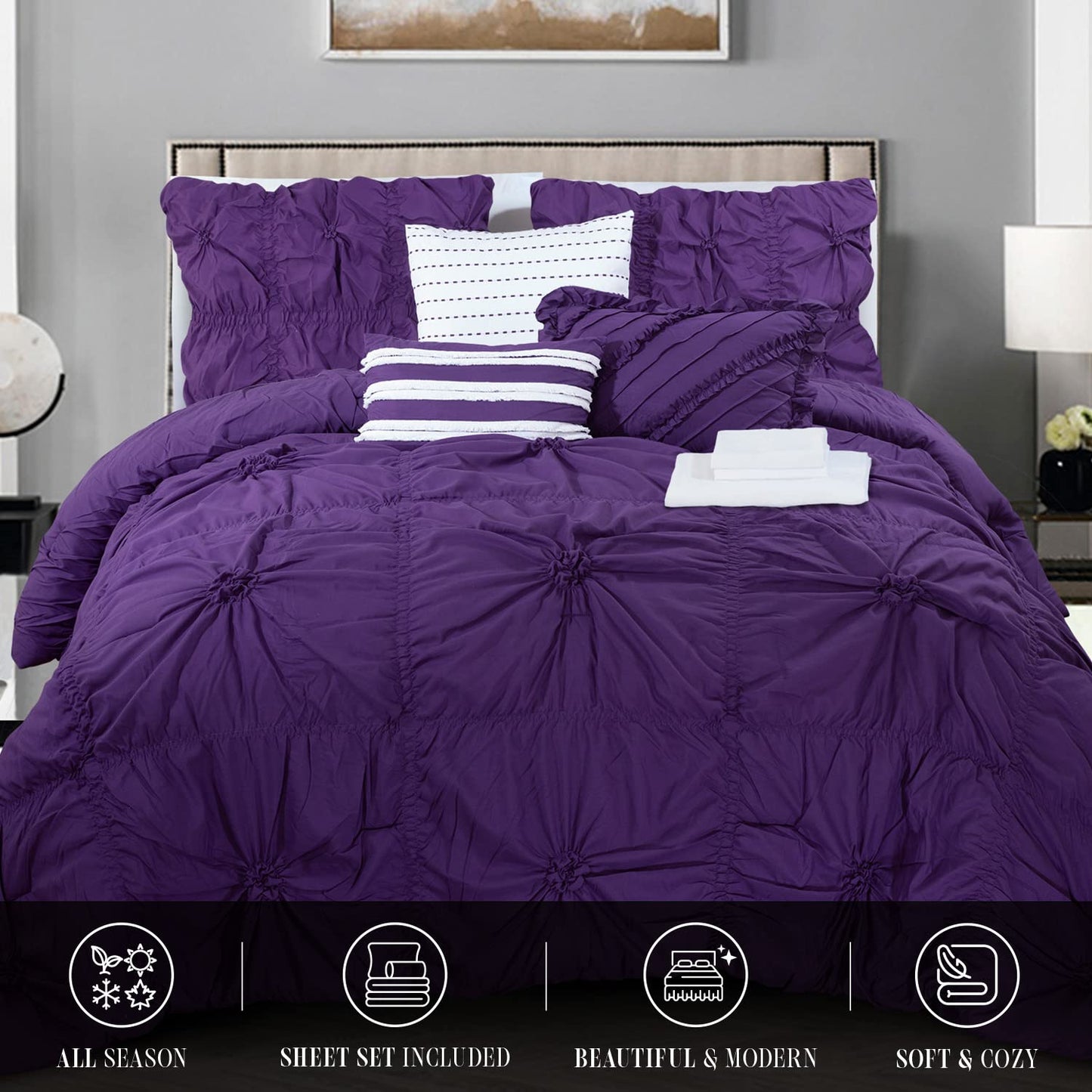 Elegant Comfort Amy 12-Piece Oversized Comforter, Bed-in-a-Bag Including 6-Piece Sheet Set Featuring Smart Pockets and Matching Decorative Pillows, Amy 12PC Oversized Comforter, Cali King, Purple
