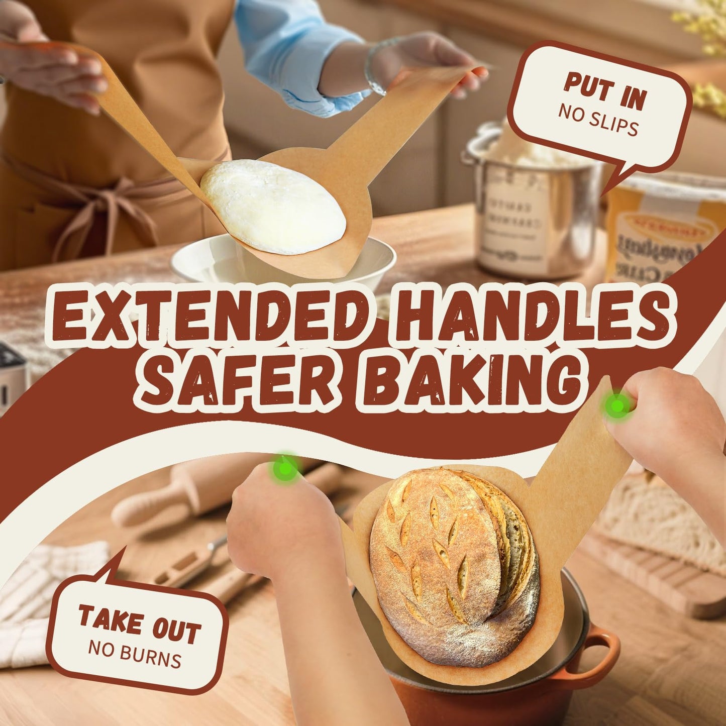Parchment Paper for Sourdough Baking, GIGYES Bread Sling for Dutch Oven, 8" Round Parchment Paper with Long Handles for air fryer, Easy-Lift, Non-Stick, Odor-Free, 50 Sheets for Cake Baking