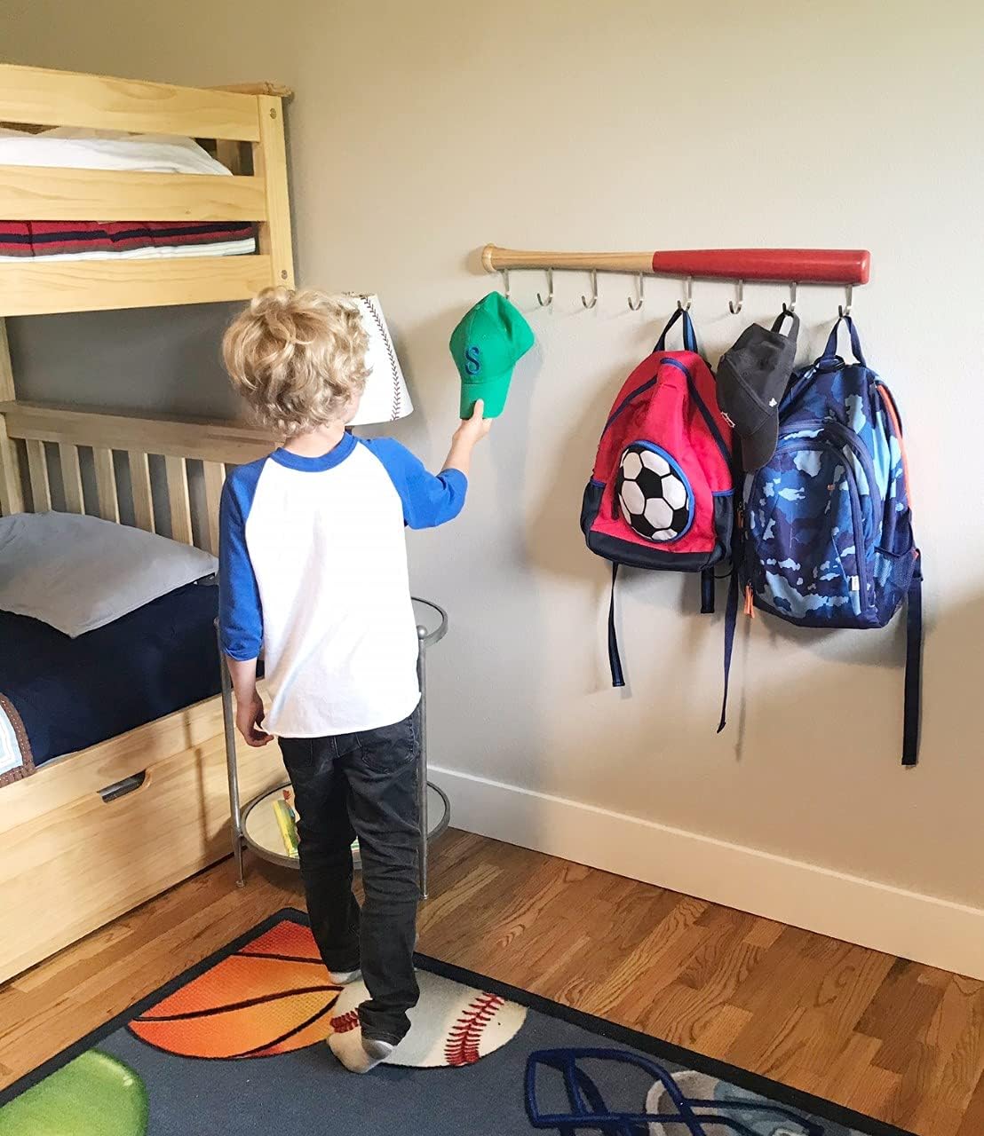 KT Bats Coat Rack Wall Mount Baseball Bat Cap Hat Towel Jersey Display Fully Assembled Unique Idea for Sports Fans Perfect Mudroom Bedroom Entryway Bathroom Organization System with 8 Hooks (Red)