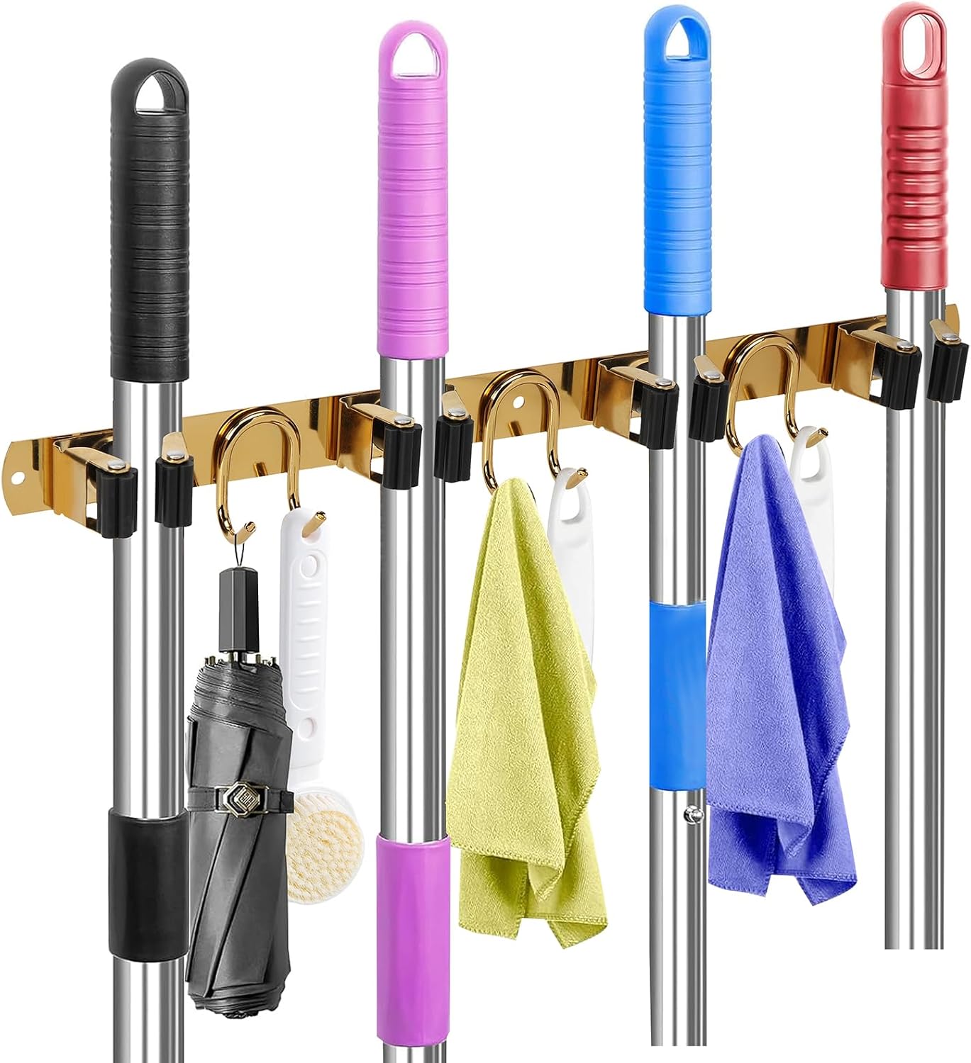Skiennix Mop Broom Holder Wall Mount - Gold Stainless Steel Organizer with 4 Slots & 6 Hooks