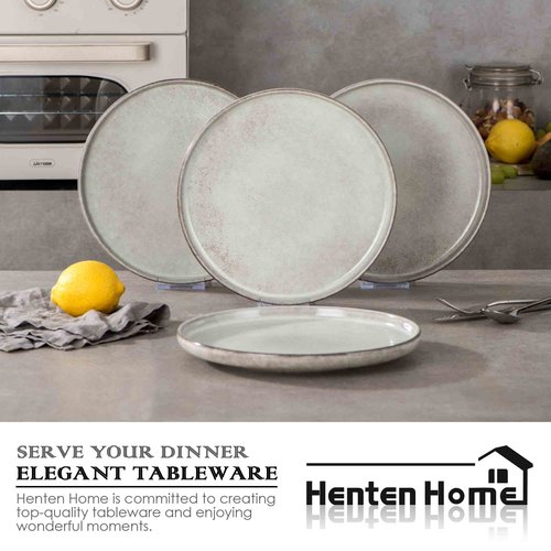 Henten Home 10 Inch Ceramic Dinner Plates, Porcelain Steak Plates Set of 4, Fluted Round Plates for Kitchen, Pasta, Salad Stonware Dishes, Scratch Resistant (Grey)