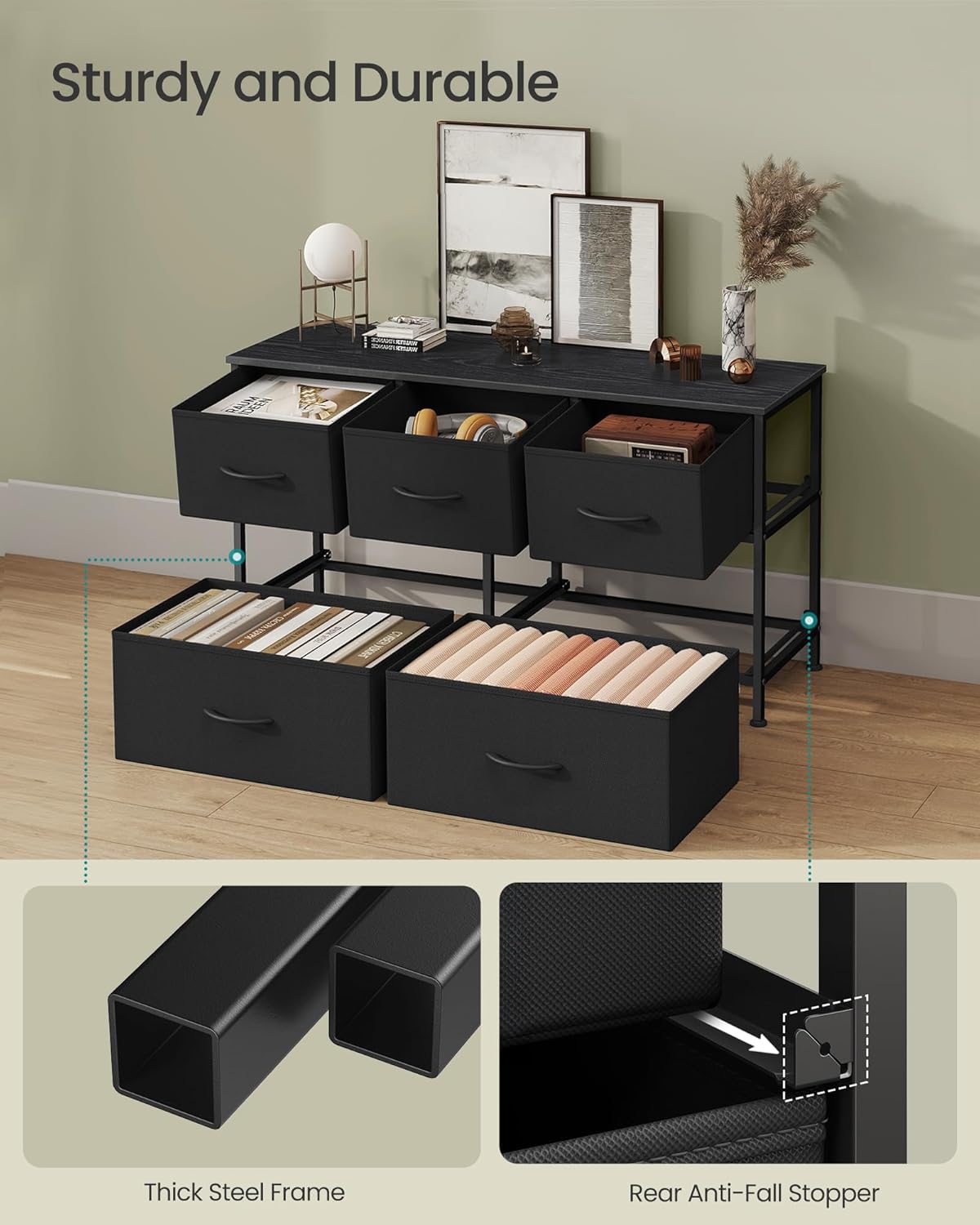 SONGMICS Dresser - 5-Drawer Storage Organizer Unit in Ink Black & Ebony Black | Steel & MDF Construction