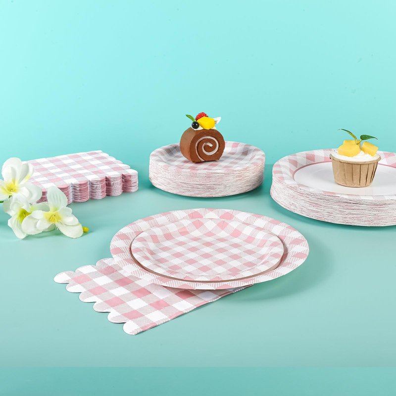 175Pcs Pink Gingham Party Supplies Pink Gingham Paper Plates and Napkins Cups Checkered Plates Disposable LightPink and White Plaid Party Decor for Birthday Family Fall Picnic BBQ,Serves 25 Guests