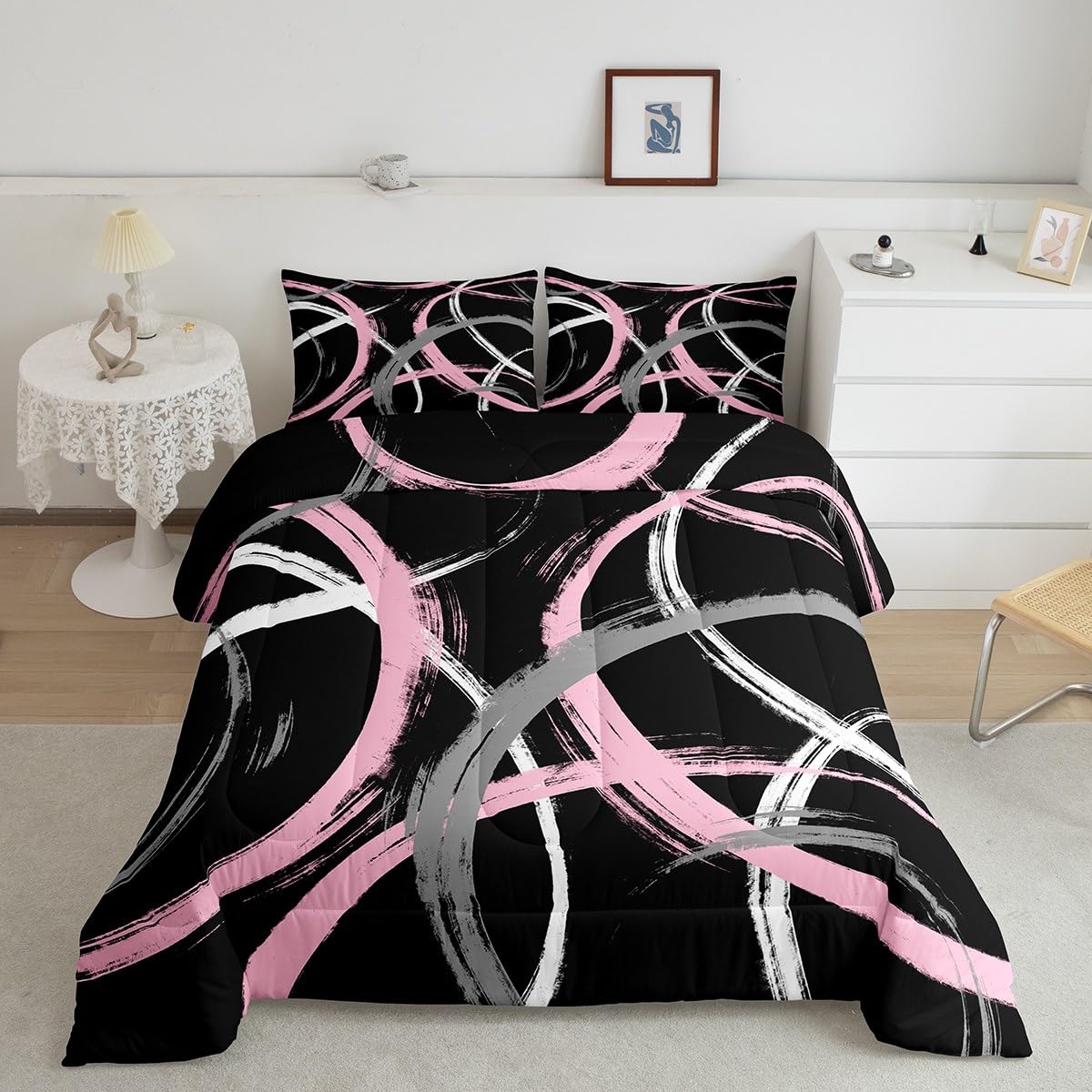 Feelyou Kids Pink Black White Geometric Comforter Set Queen Size Stripes Bedding Set for Boys Girls Teens Bedroom Decor Abstract Comforter Women Men Modern Duvet Set with 2 Pillow Case