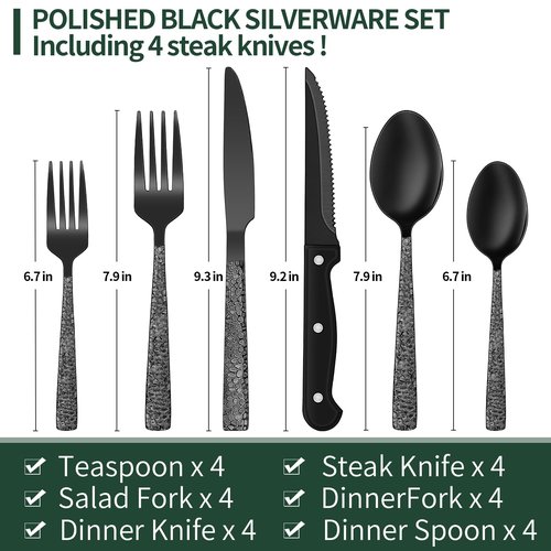 EWFEN 24-Piece Black Silverware Set with Steak Knives, Black Flatware Set for 4, Food-Grade Stainless Steel Tableware Cutlery Set, Mirror Finished Utensil Sets for Home Restaurant, Hammered Edge
