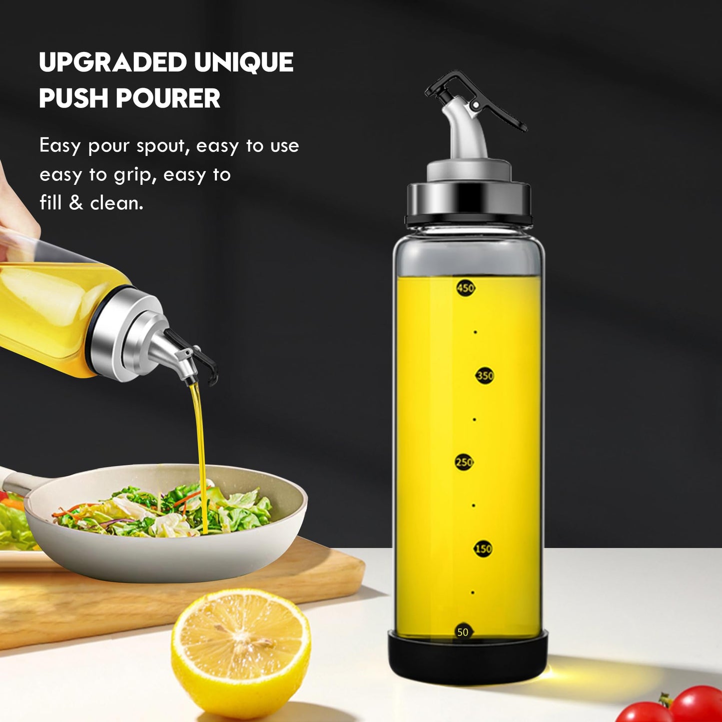 BENEBYR Glass Olive Oil Dispenser Bottle with Leakproof Pourer Spout and Shatterproof Rubber Bottom, Cooking Oil Dispenser Bottle for Kitchen 17 oz Heat Resistant Olive Oil Bottle for Oil & Vinegar