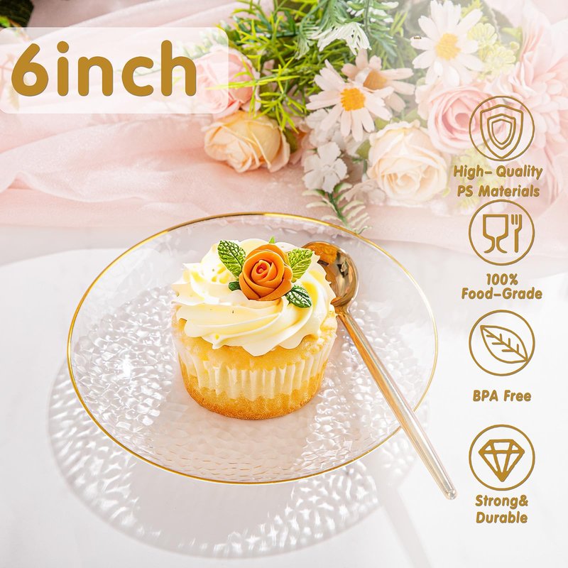 Rubtlamp 100 Pack Clear Gold Plastic Dessert Plates, 6Inch Clear Gold Small Appetizer Plates With Hammered, Heavy Duty Disposable Salad Plate, Elegant Cake Platos for Wedding, Birthday, Teatime