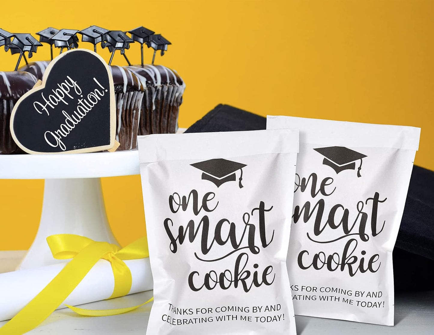 Whaline Graduation Candy Gift Bags - 100 Pack Self-Adhesive White Kraft Treat Bags for 2026 Celebrations