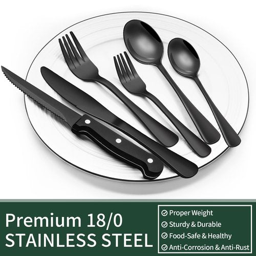 EWFEN 24-Piece Black Silverware Set with Steak Knives, Black Flatware Set for 4, Food-Grade Stainless Steel Tableware Cutlery Set, Mirror Finished Utensil Sets for Home Restaurant, Round Edge