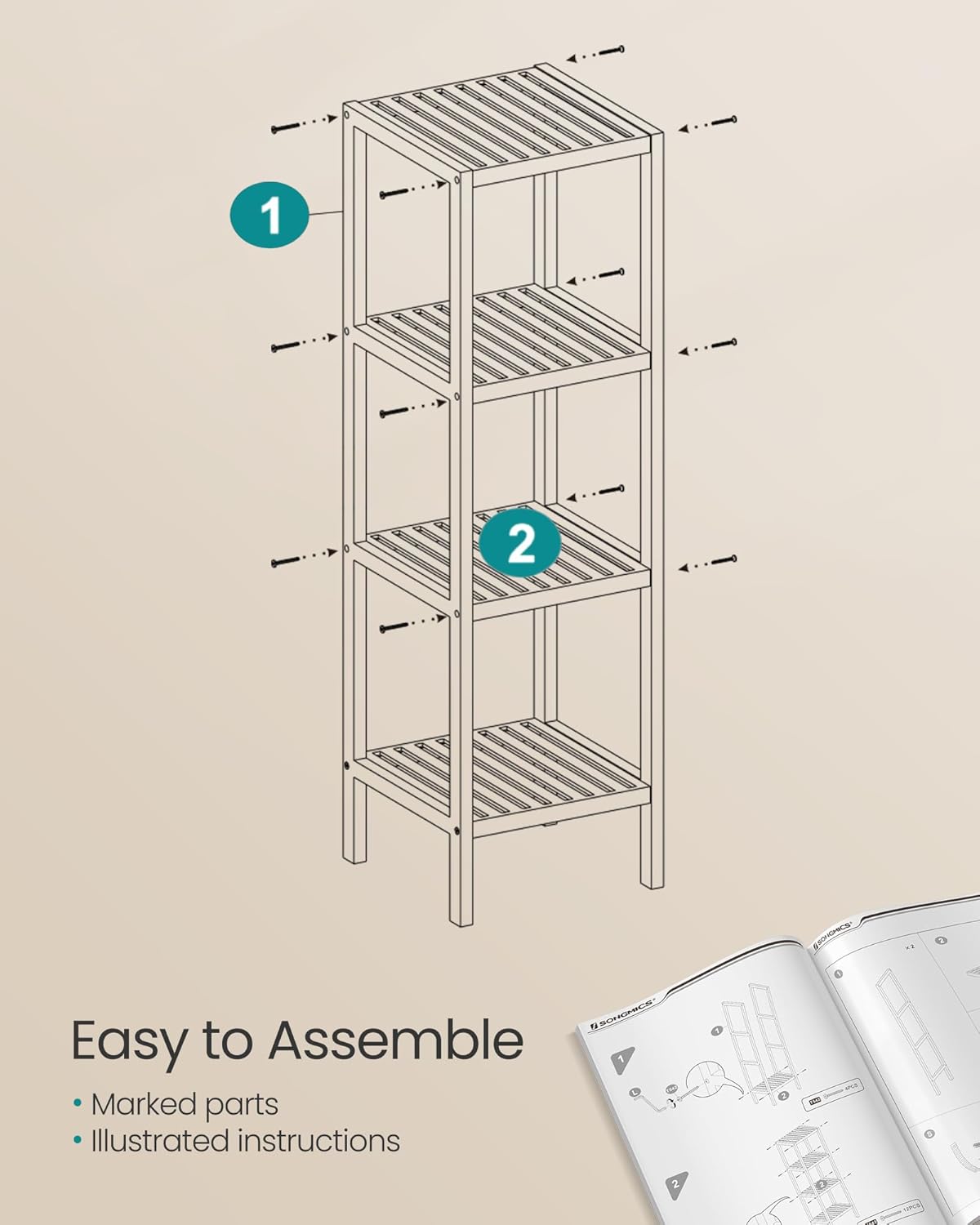 SONGMICS 4-Tier Bamboo Shelf - Versatile Corner Rack for Bathroom, Kitchen, Living Room | Natural UBCB54Y
