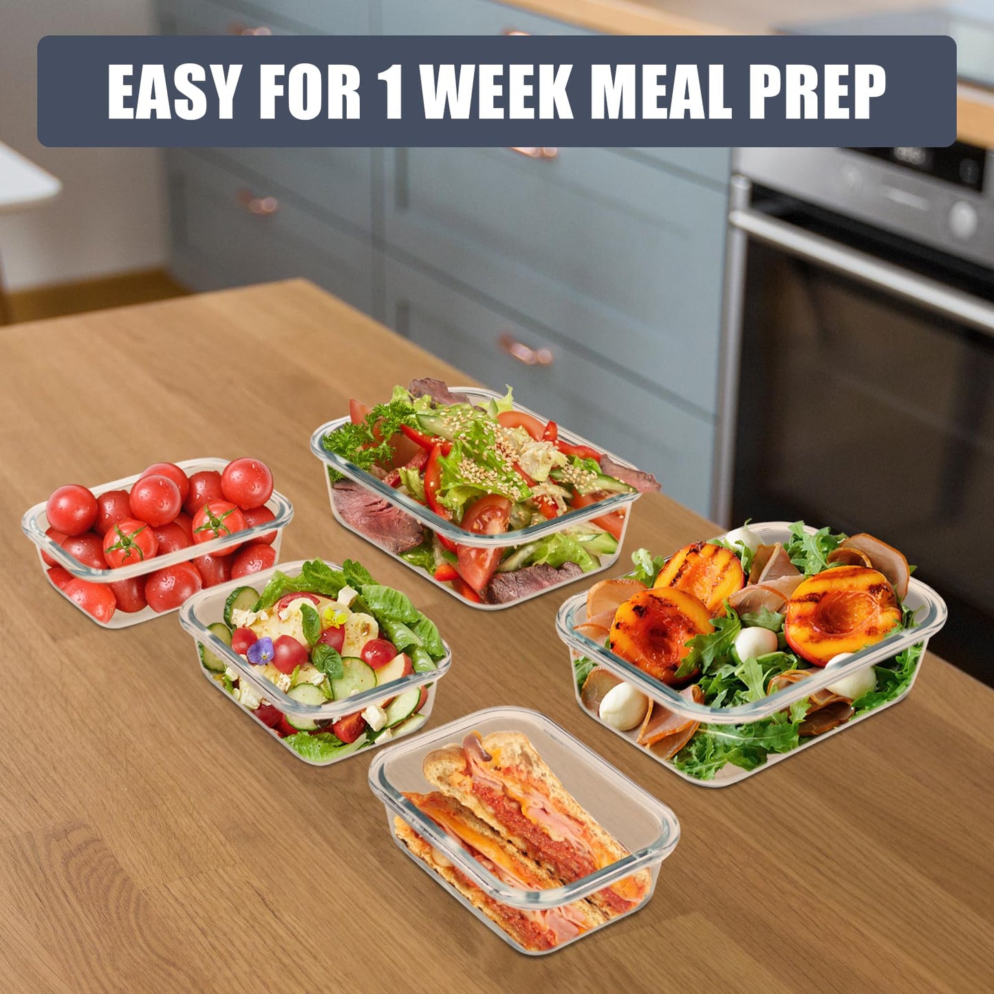 SOACOAKO 6 Pack Glass Food Storage Containers with Airtight Lids, Meal Prep Containers for Lunch, Leftovers, BPA Free (Grey)