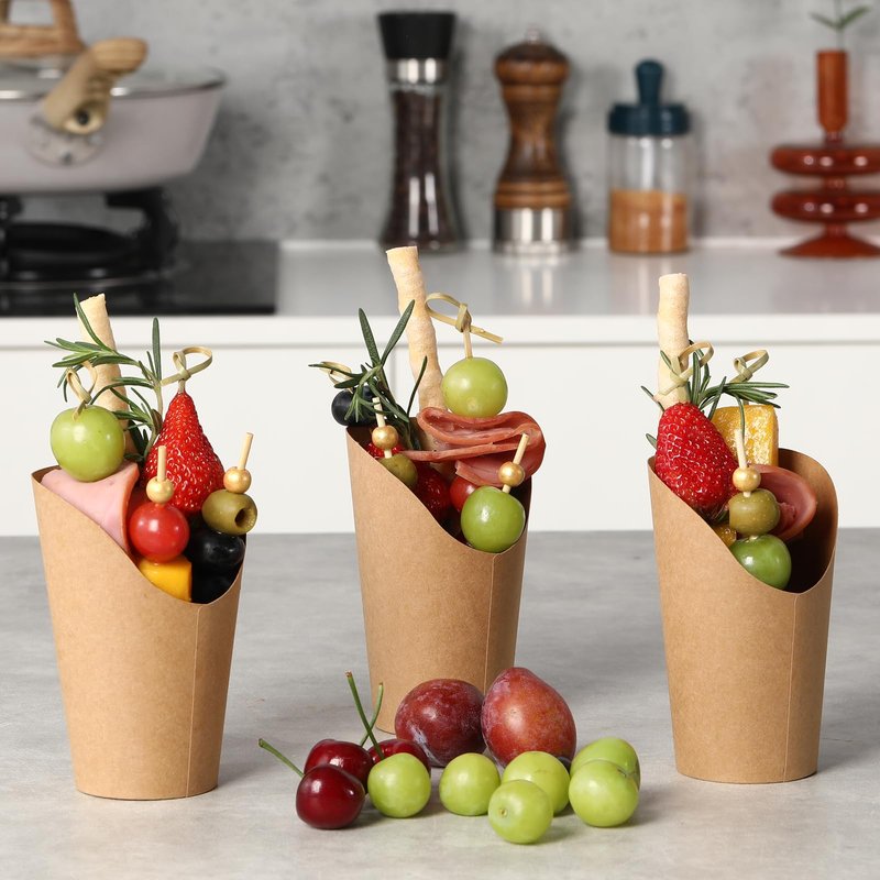 Vicuna R Charcuterie Cups French Fry Holder, 50PCS Appetizer Cups for Parties + 50 Labels, 12 oz Kraft French Fry Cup, Disposable Brown Paper Snack Cup, Charcuterie Boards Accessories