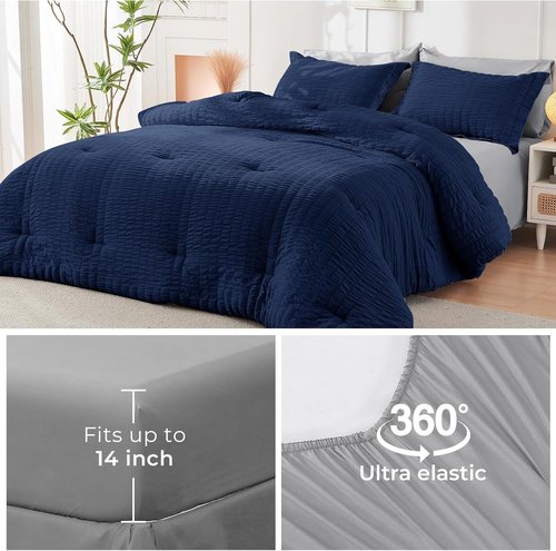 HYMOKEGE California King Comforter Set - Luxury 7-Piece All-Season Bedding in Navy Blue & Light Grey