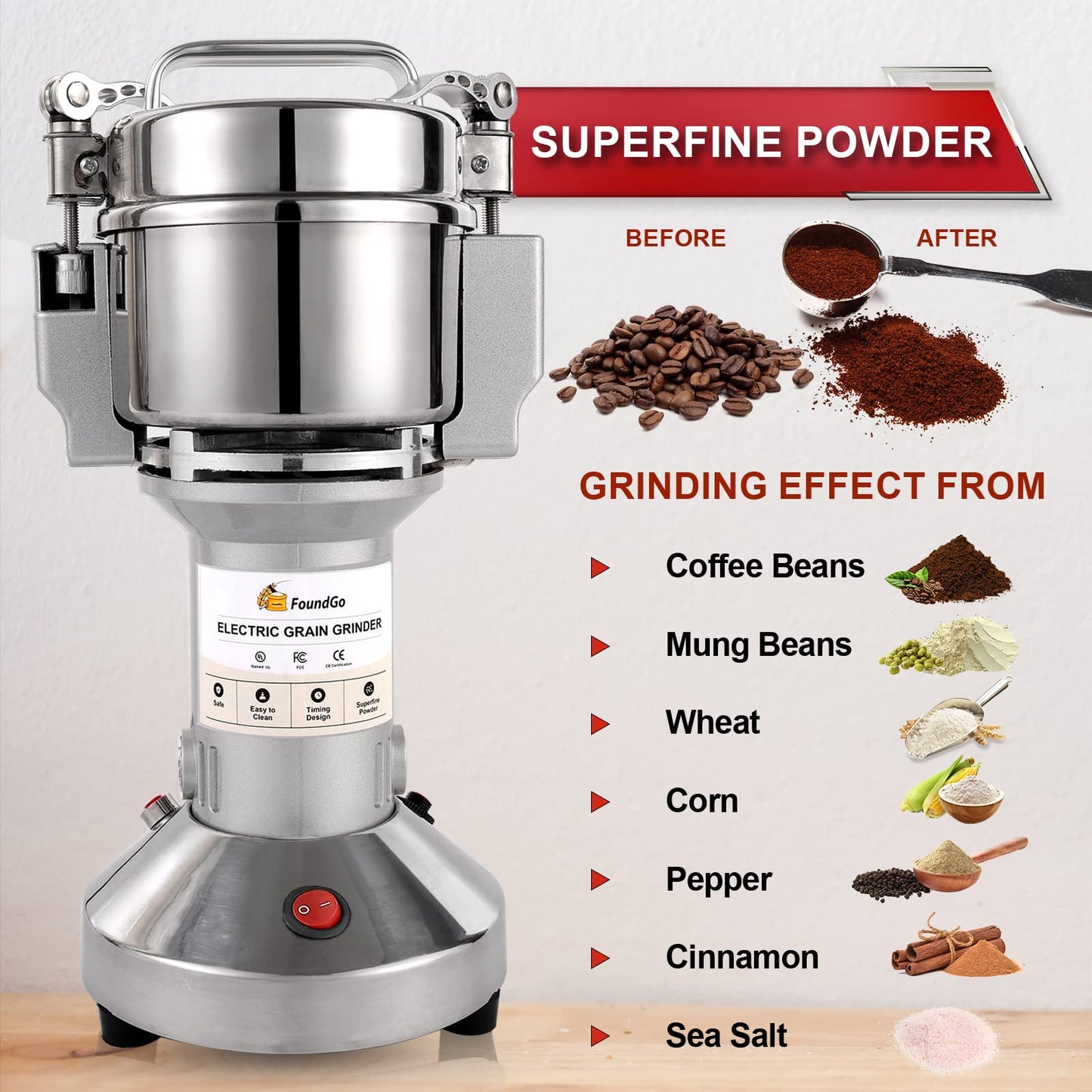 FoundGo 150g Grain Mill Electric Grinder Cereals Pulverizer Spice Grinding Powder Machine Corn Flour Grinders for Dry Spices Seeds Herbs Grains Coffee Rice Pepper, Commercial Grade