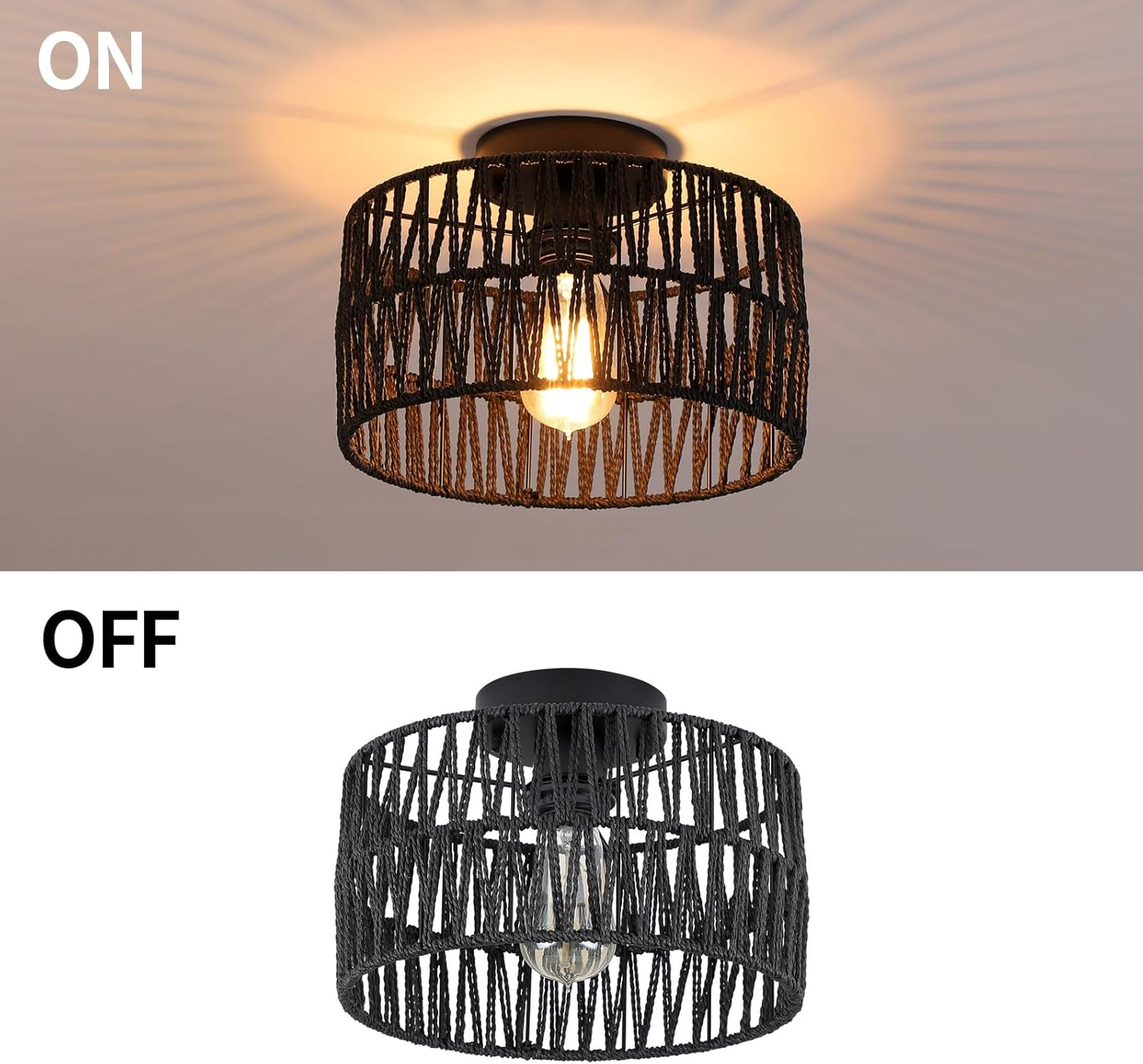 3-Light Antique Gold Woven Flush Mount Light Fixture Rustic Coastal Hemp Rope Brass Semi Flush Mount Ceiling Light for Hallway Bedroom Kitchen Entryway Farmhouse Living Room