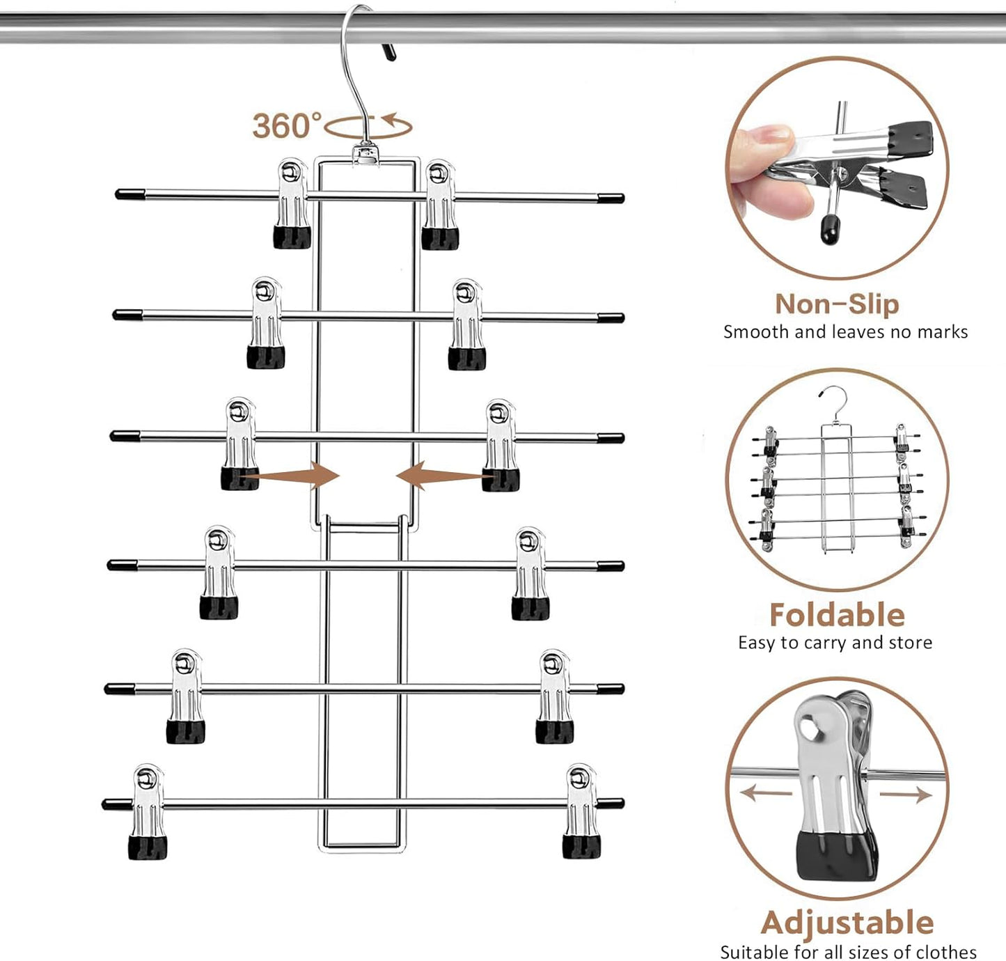 Skiennix Pants Hangers with Clips - Space-Saving 6-Tier Closet Organizer | 360° Swivel Hook - 2 Pack