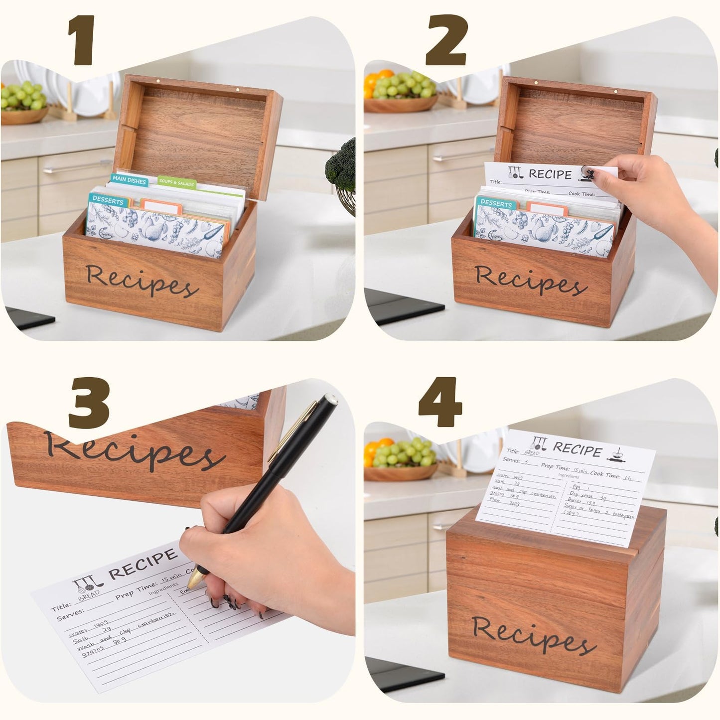 Icepark Acacia Wood Recipe Box (4x6), Custom Design Recipe Cards, 15 Multi-Color Labeled Dividers, 100 Waterproof Protectors, Magnetic Lid, Kitchen Recipe Organizer