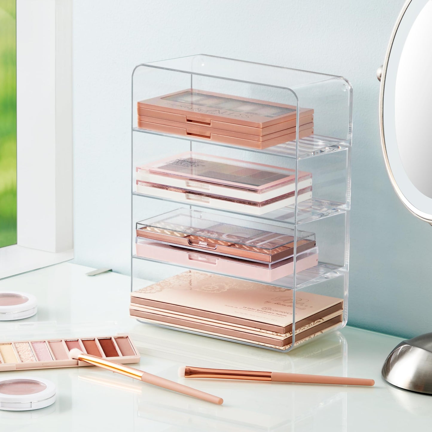 STORi 4-Compartment Clear Plastic Organizers (Set of 4) Rectangular Divided Makeup and Vanity Storage Bin, Use Upright for Eyeshadow Palettes, Made in USA