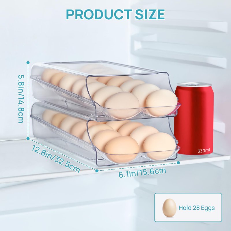 Vtopmart Clear Plastic Egg Holder for Fridge, Automatic Rolling Egg Container for Refrigerator, Stackable 14-Count Eggs Organizer with Removable Inner Tray, Fridge Organizers and Storage, 2Pack