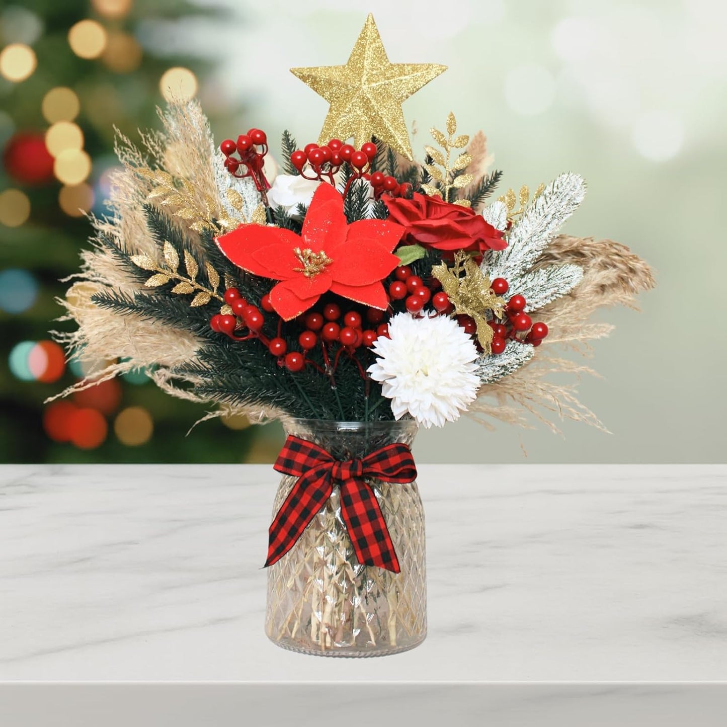 RyddeligHome Christmas Centerpieces - 100pcs Holiday Floral Arrangements for Tables | Red Poinsettia & Pine Decor