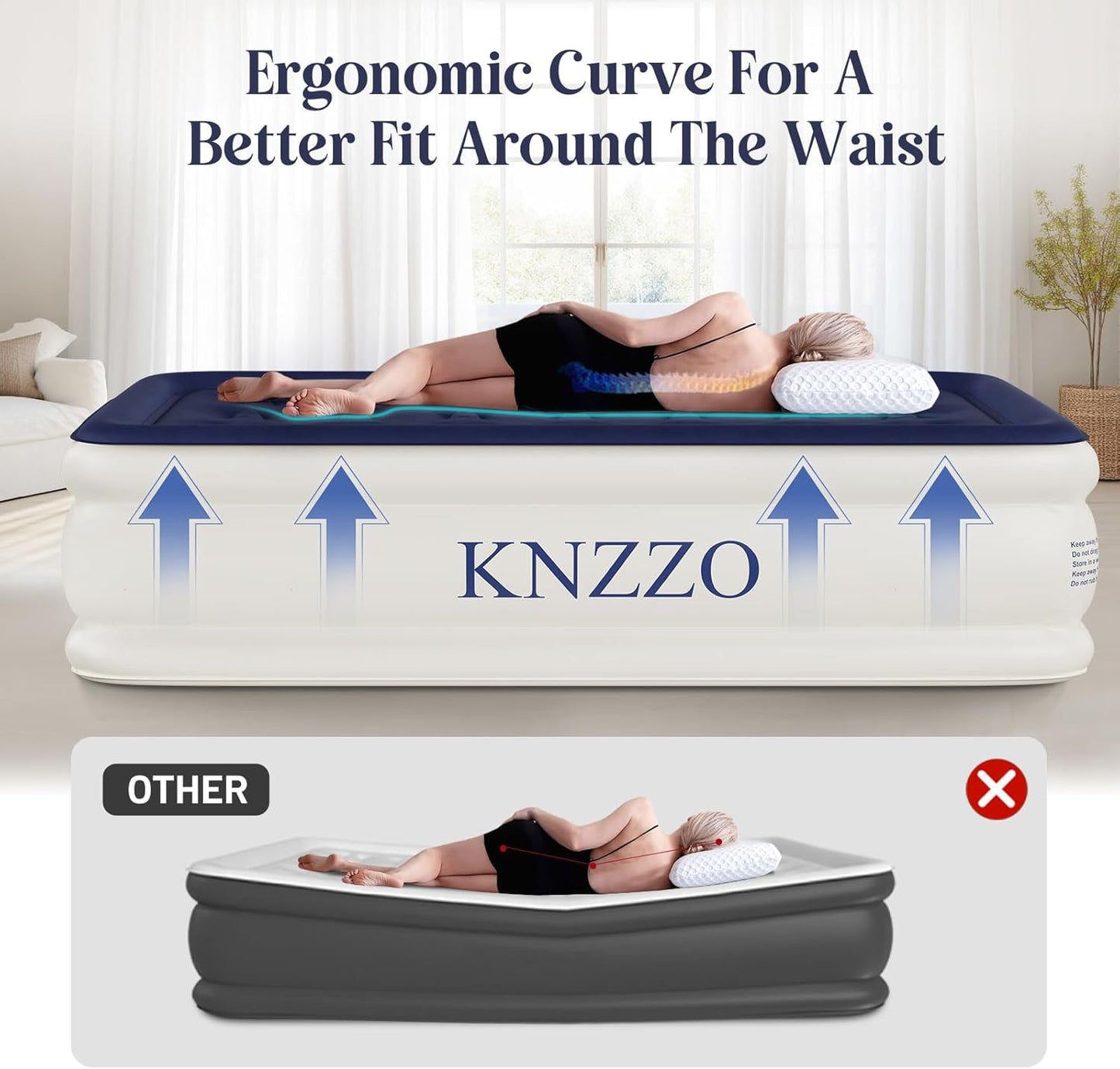 KNZZO Air Mattress - Twin Inflatable Bed with Built-in Pump & Soft Flocked Top | Waterproof & Portable for Home or Camping