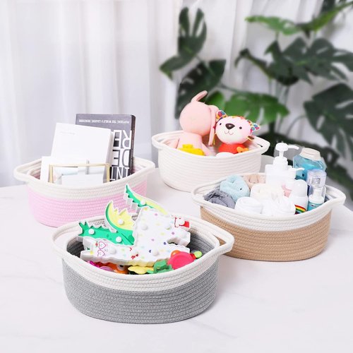 ABenkle Decorative Rope Woven Storage Basket - Boho Style Toy Organizer for Dogs & Cats | 12"x8"x5", White
