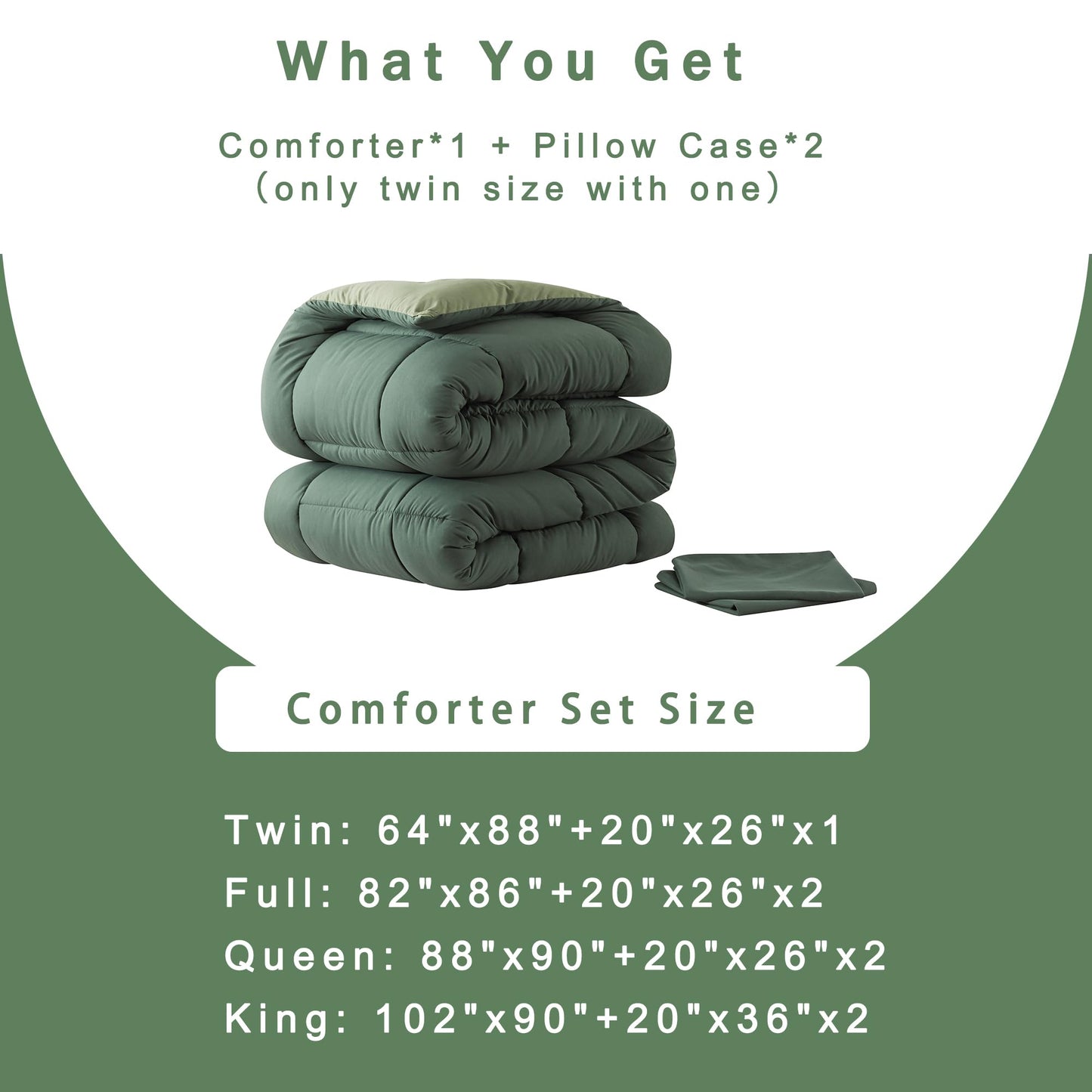 DOWNCOOL Twin Comforter Set -All Season Bedding Comforters Sets with 1 Pillow Case -2 Pieces Bed Set Down Alternative Comforter Set -Double Green Twin Bedding Sets(64"x88")