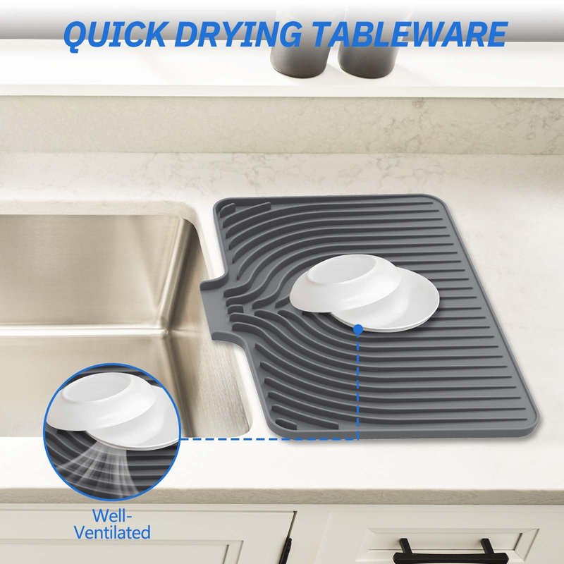 Dish Drying Mat for Kitchen Counter, with Built-in Drain Lip, 18x11.8 inch, Food-Grade Silicone, Easy Clean Pad for Countertop Protection, Heat Resistant, Easy Clean, Multi-Functional Use (Grey)