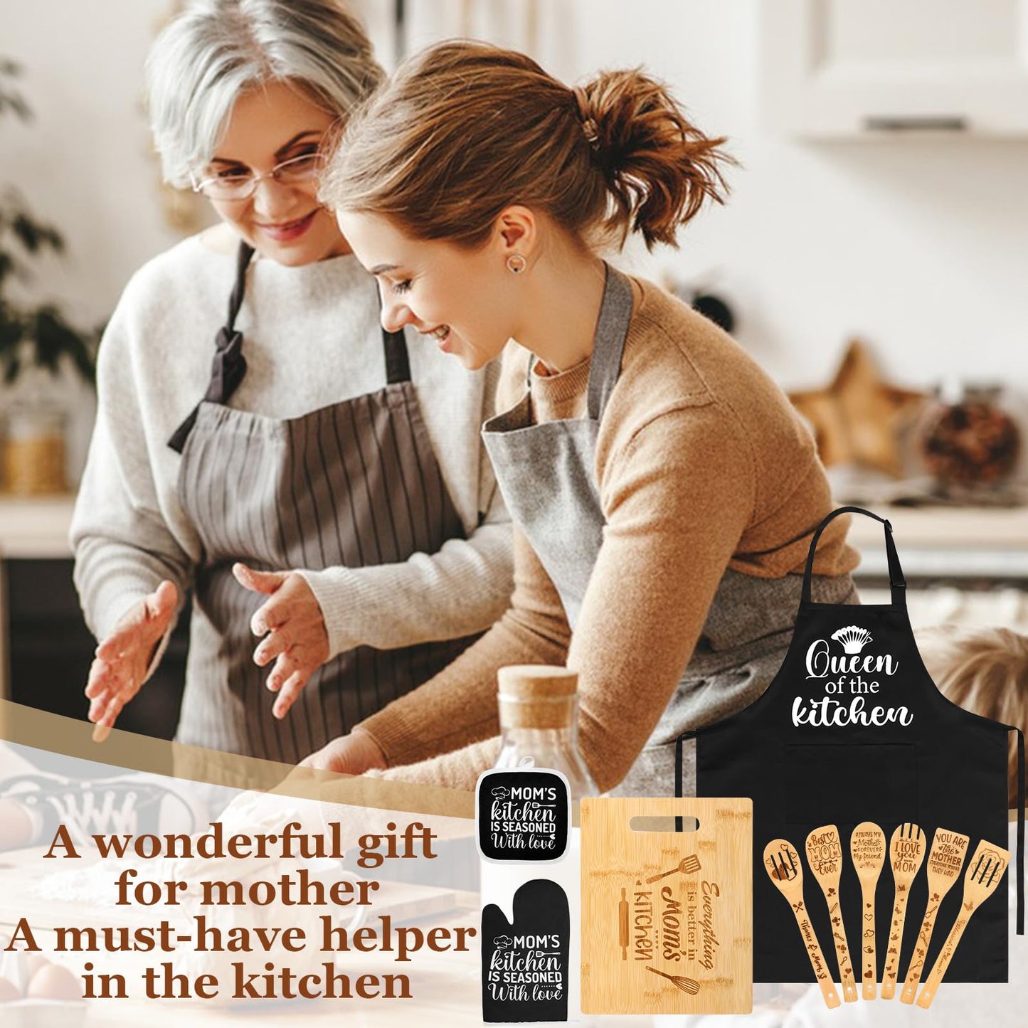 Mom Kitchen Gifts Mothers Day Gifts for Mom from Daughter, Mom Birthday Gift Ideas with Cutting Board Wooden Spoons Aprons Oven Mitts Pot Holder for Cooking