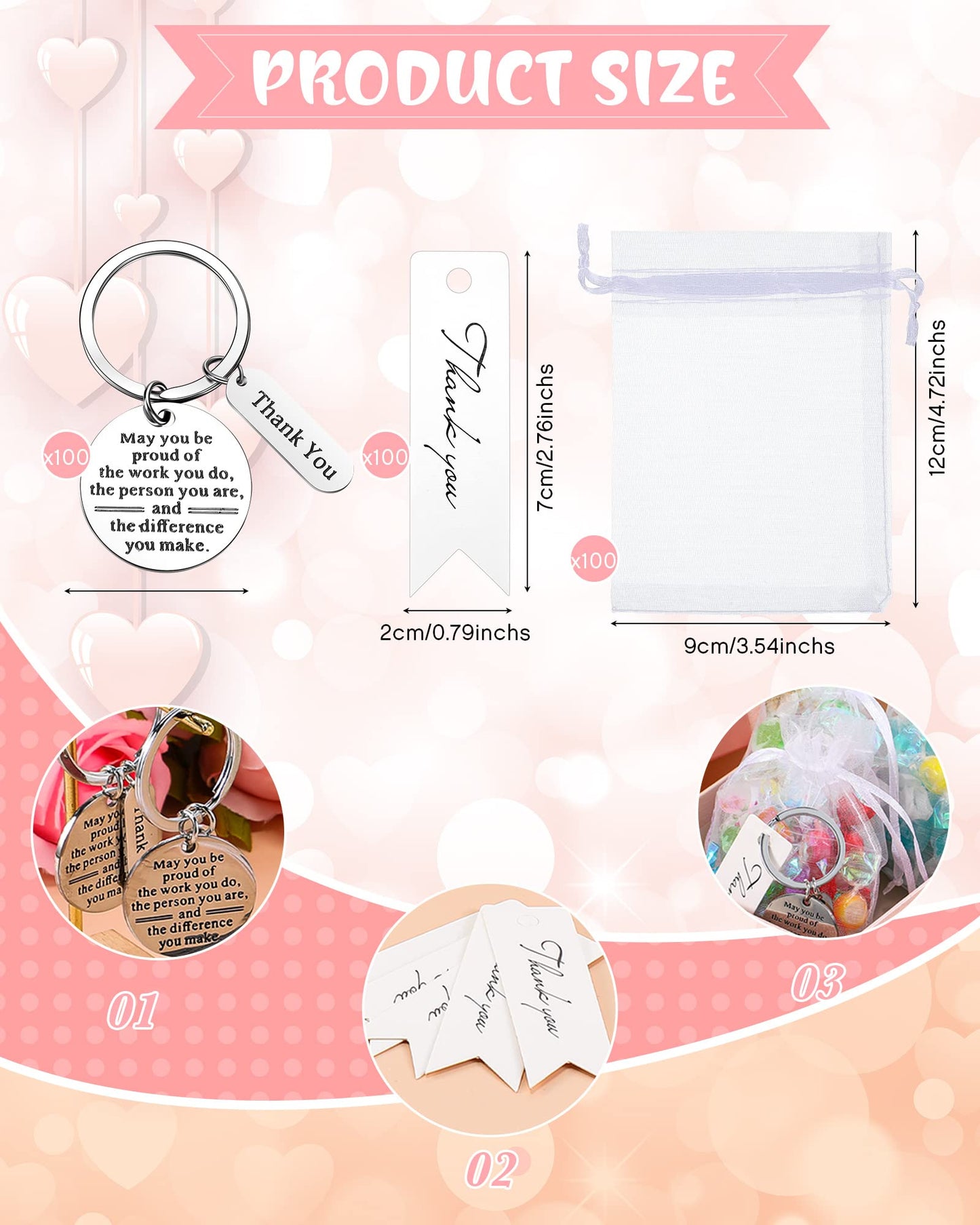 Yinkin 300 Pcs Christmas Employee Thank You Gifts Bulk Gifts for Coworkers Include 100 Inspirational Employee Appreciation Keychain Gifts 100 Organza Bags 100 Cards for Teacher Nurse Team(Silver)