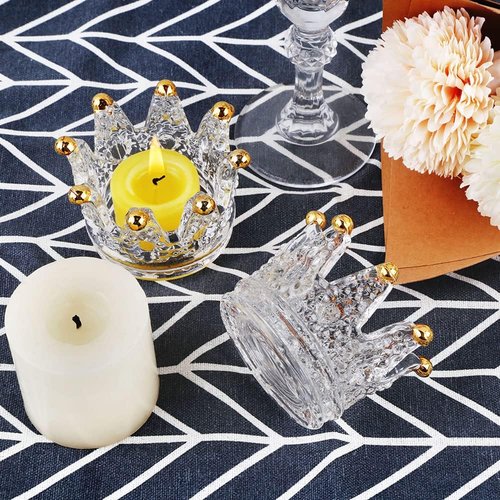 Crown Glass Tealight Candle Holders - Set of 12 Elegant Votive Holders for Weddings & Home Decor | Gold Finish