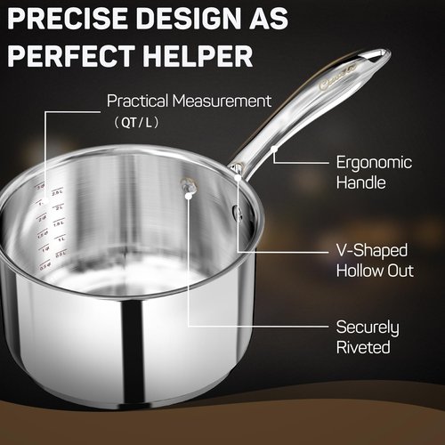 Ciwete 3 Qt Saucepan with Lid - Upgraded Package - 3 Quart 18/10 Stainless Steel Sauce Pan with Mirror Polishing and 2 Sacles, Induction Cookware, Small Pot for Cooking, Dishwasher Safe Oven Safe