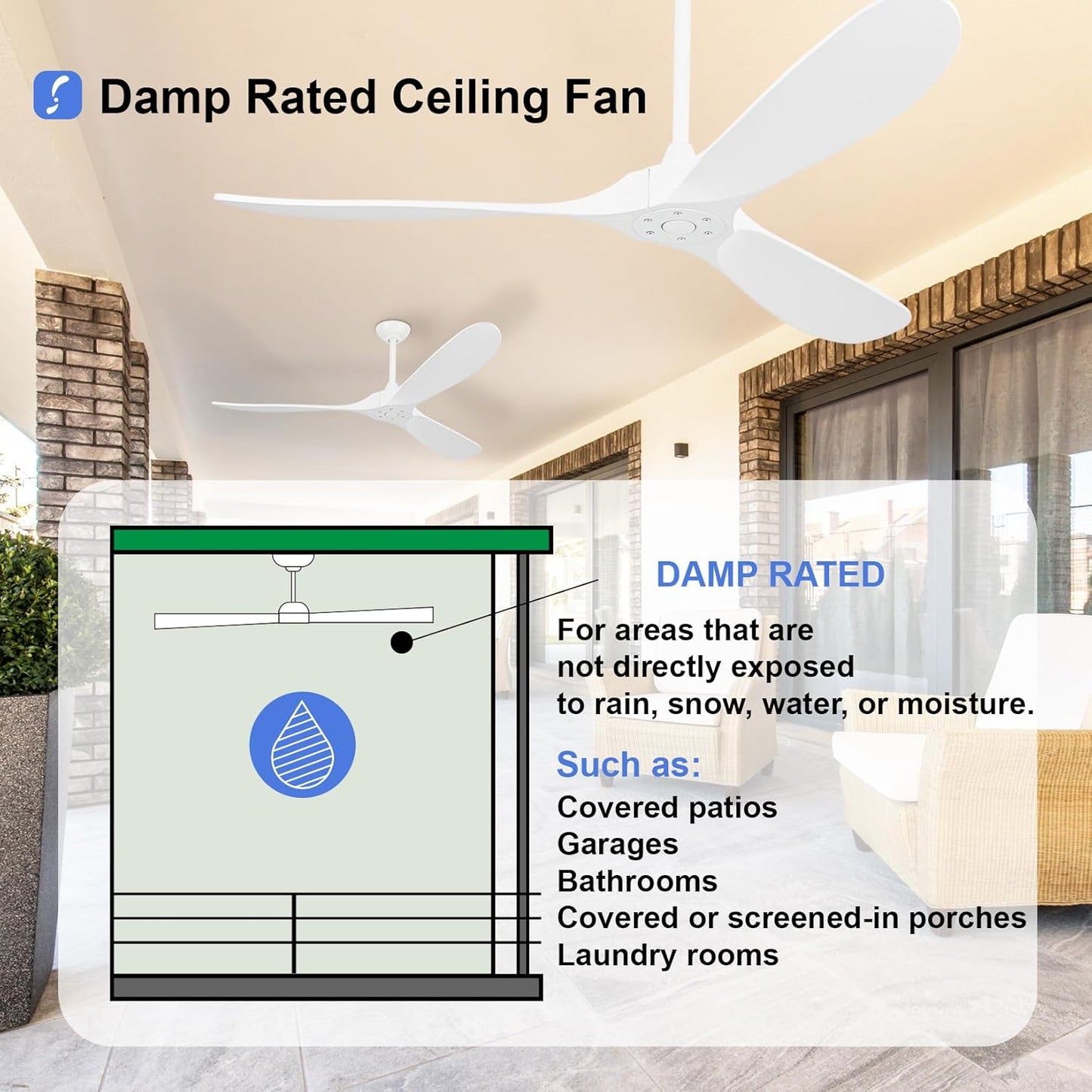 60 inch Ceiling Fans Without Lights, Wet Rated Outdoor Ceiling Fans with 3 Wood Blades, for Patios Outside Porch, Noiseless Reversible DC Motor and Remote, for Outdoor Indoor,Black