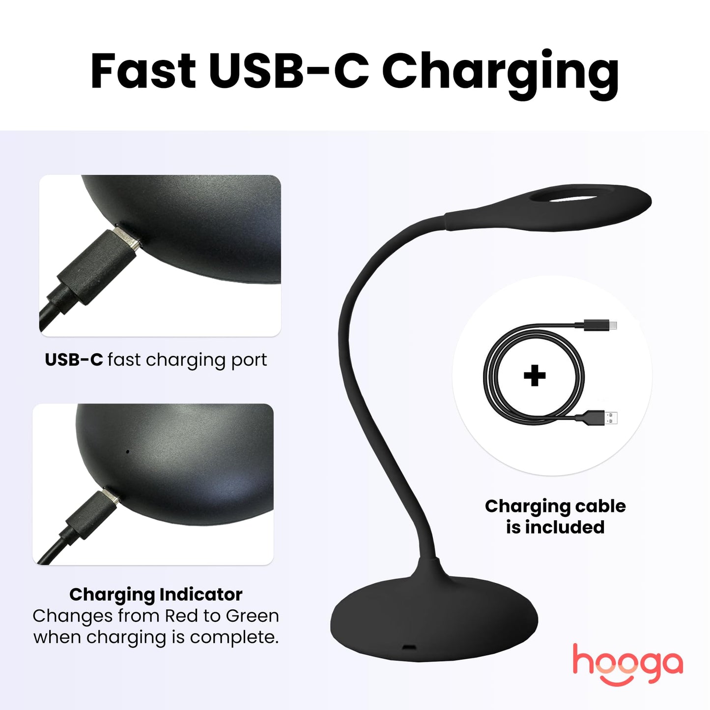 Hooga Desk Lamp, Blue Light Blocking, 3 Color Modes, 1600K Amber, Red, 4000K Full-Spectrum White Light. Office Lamp. Dimmable Reading Lamp. Reduces Eye Strain. Rechargeable. Circadian Rhythm Friendly.