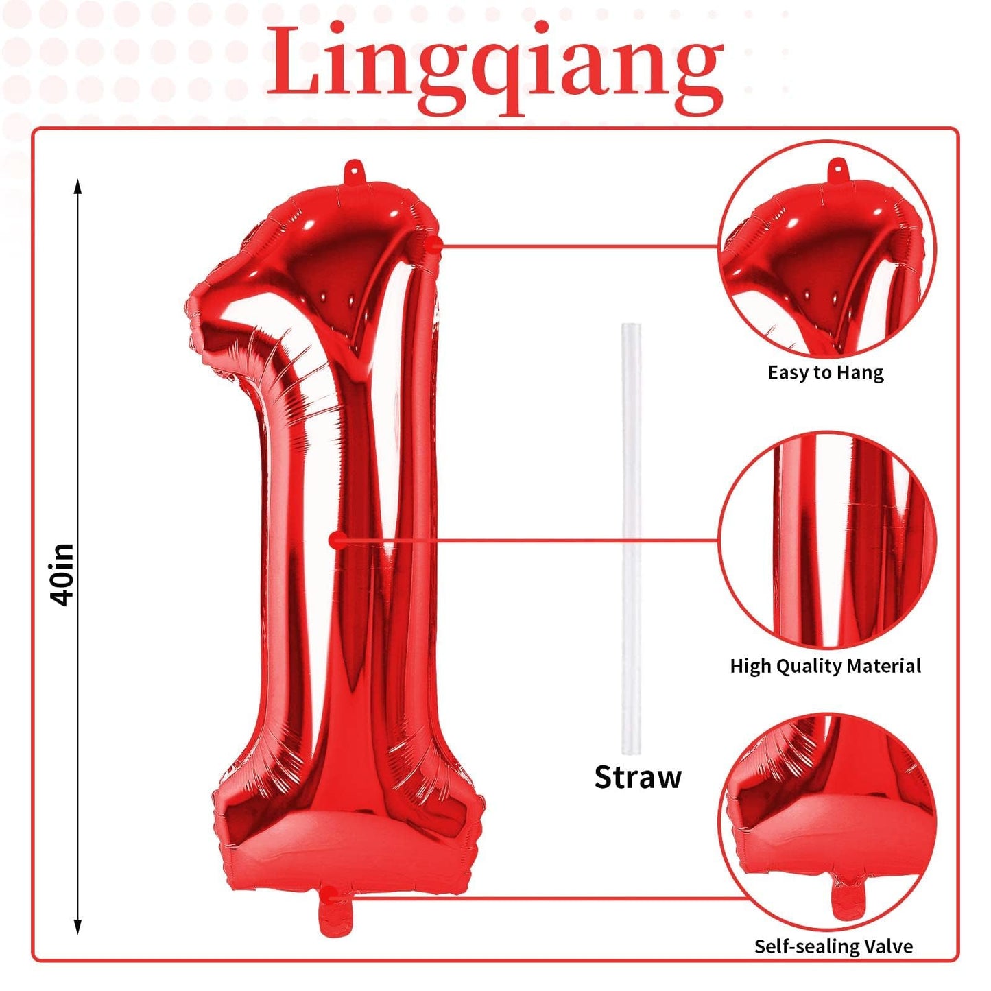 Red Number 1 Balloons, 40 Inch Large Foil Number Balloons Set 0-9 for Women, Self Inflating Digital 1 Helium Balloon for Girls Boys 1st Age Birthday Anniversary Party Decorations Photo Shoot Supplies