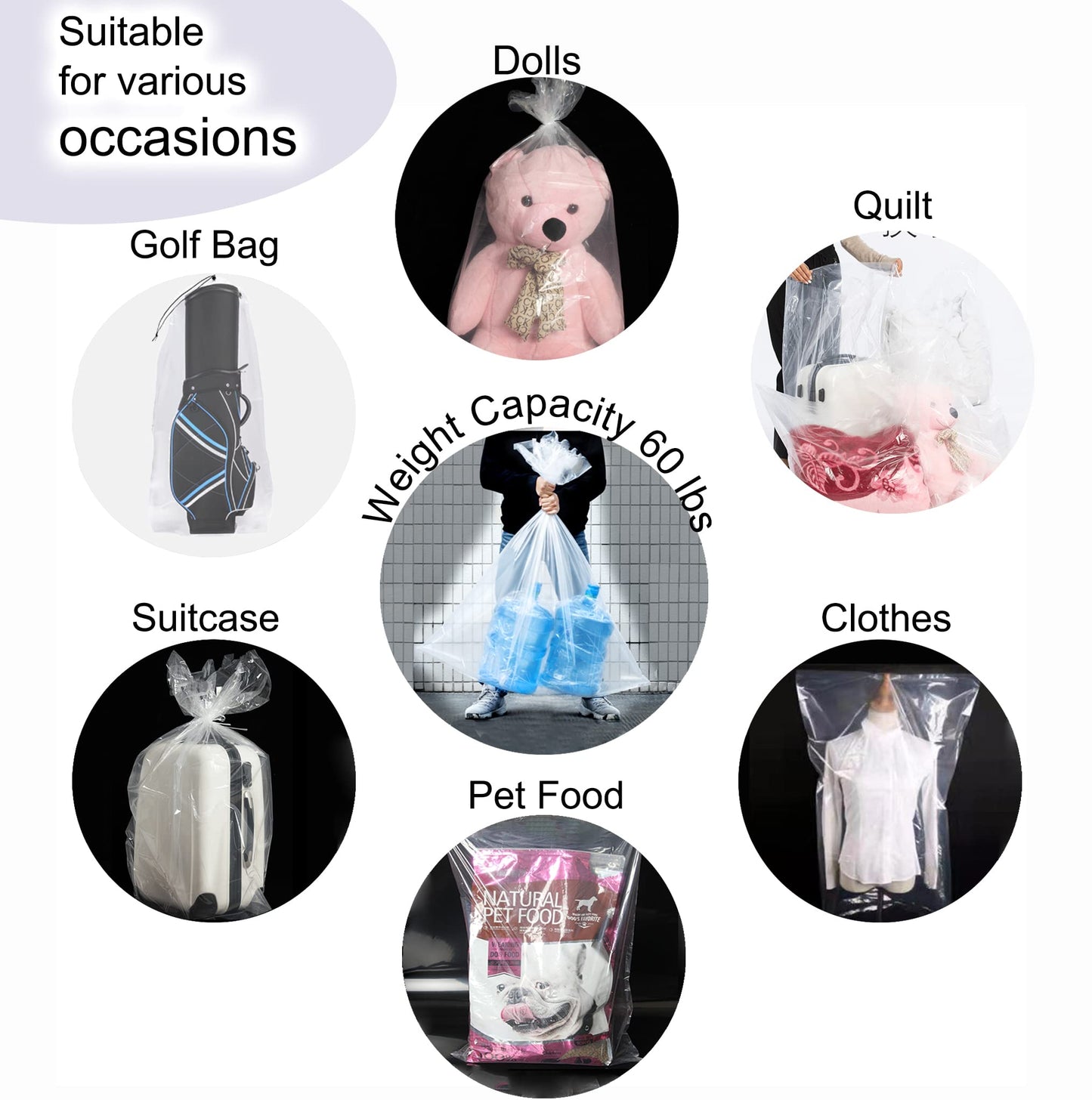 2 Pack Golf Bag Cover, 31x62 inches Extra Large Clear Drawstring Dust Covers Plastic Storage Bags, Good for Household Organizing Reusable