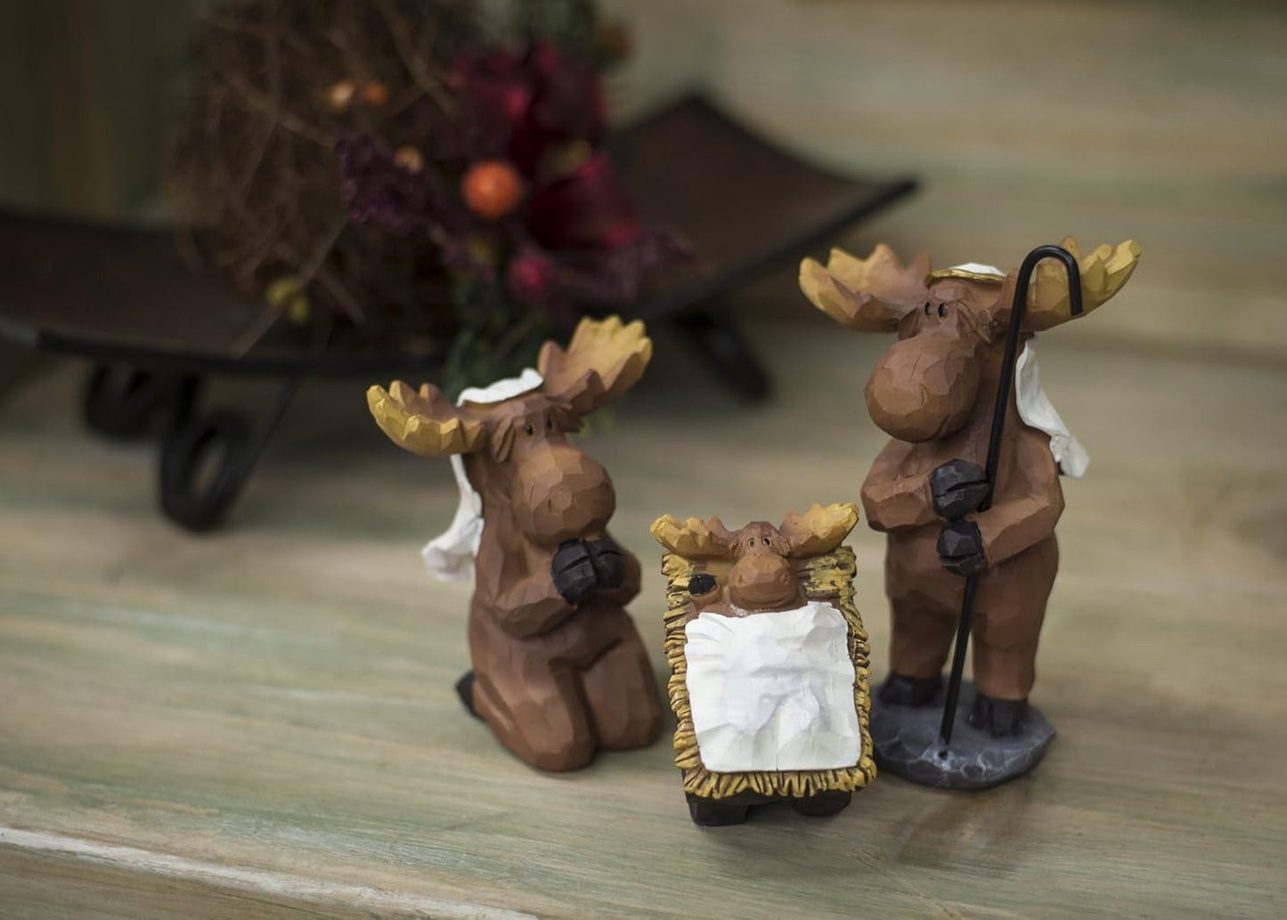3 Piece Moose Holy Family Nativity Set - Resin Christmas Decor by Slifka Sales