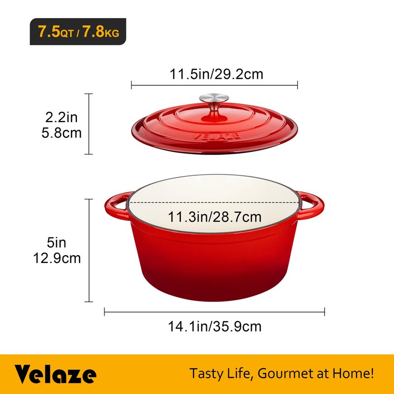 Velaze 7.5 QT Dutch Oven Pot with Lid, Enameled Cast Iron Dutch Oven with Dual Handles for Sourdough Bread Baking, Cooking, Non-stick Enamel Coated Cookware (RED)