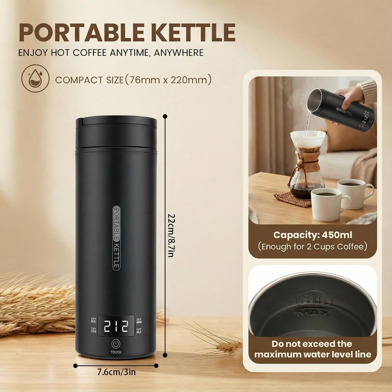 Rzlinn Portable Electric Kettle (120V), Travel Tea Kettle, 316 Stainless Steel Premium Liner, 4-speed Temperature Adjustment with Auto Shut-off and Boil-Off Protection black