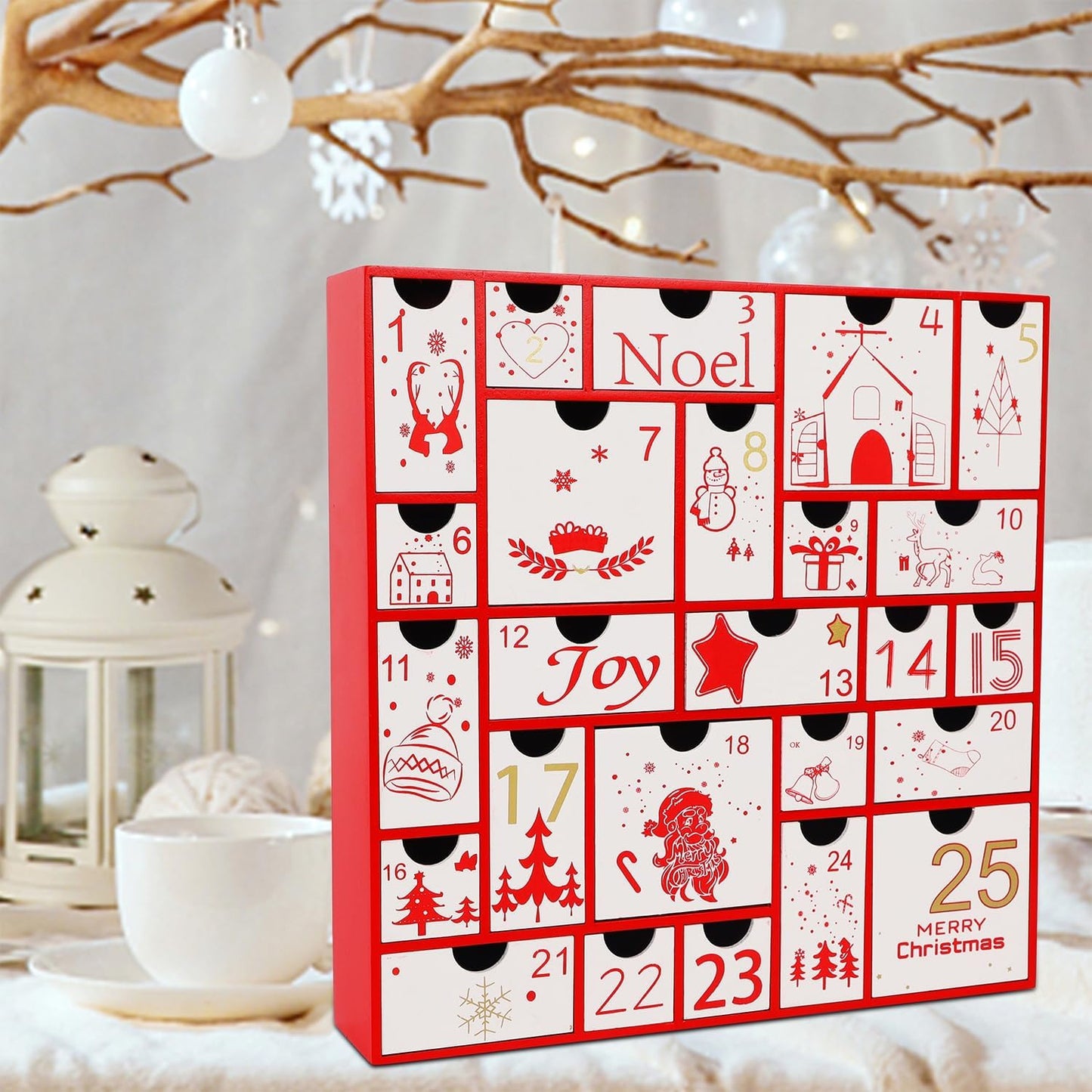 Juegoal Red Advent Calendar - 11.8 Inch Wooden Countdown Calendar with 25 Large Drawers | Hand-Painted Holiday Decor