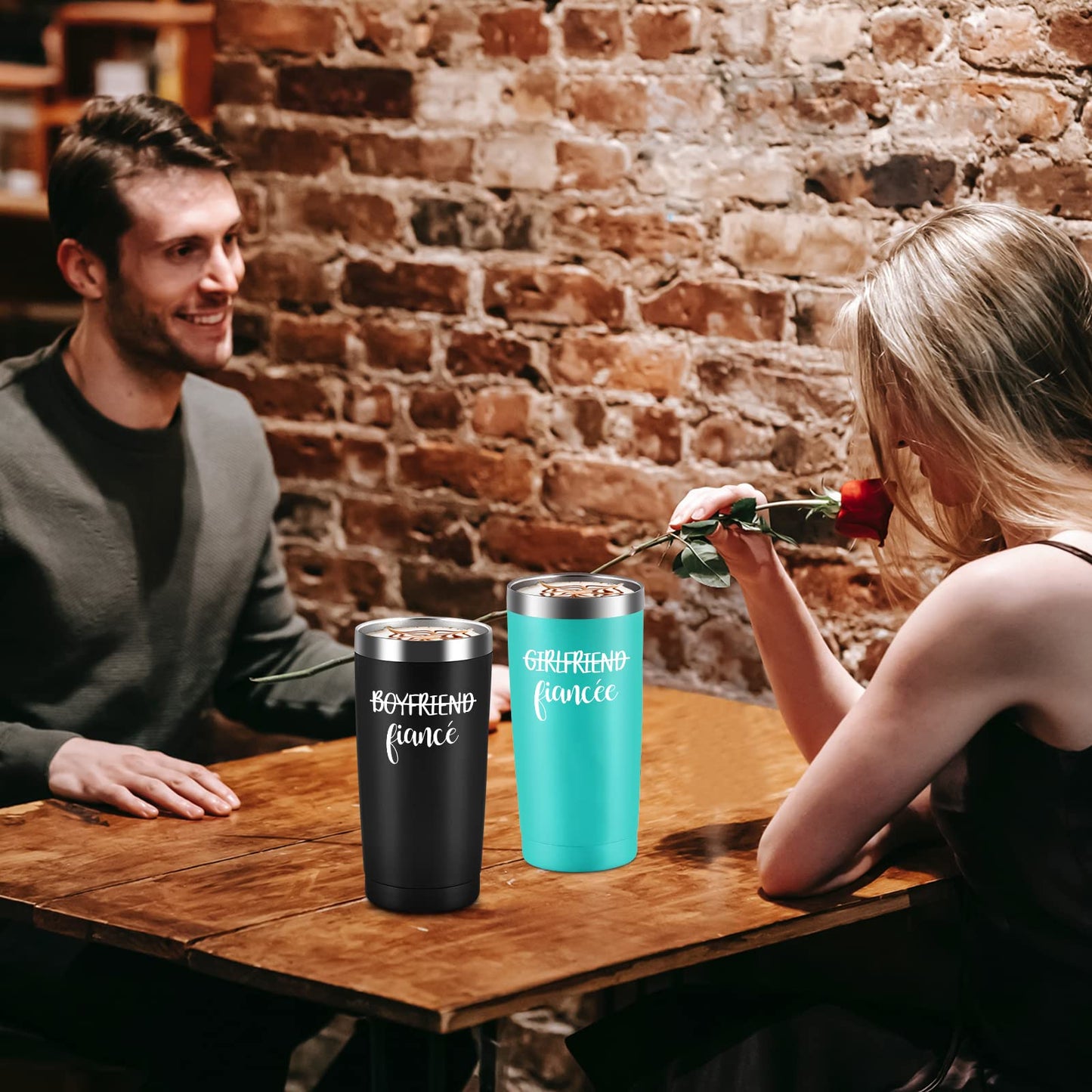 Boyfriend and Girlfriend Travel Tumbler Set, Engagement Gifts for Couples, Fiance Gifts Newly Engaged Her Him Women Friends, 20oz Couple Gifts Stainless Steel Insulated Travel Tumbler, Black&Mint