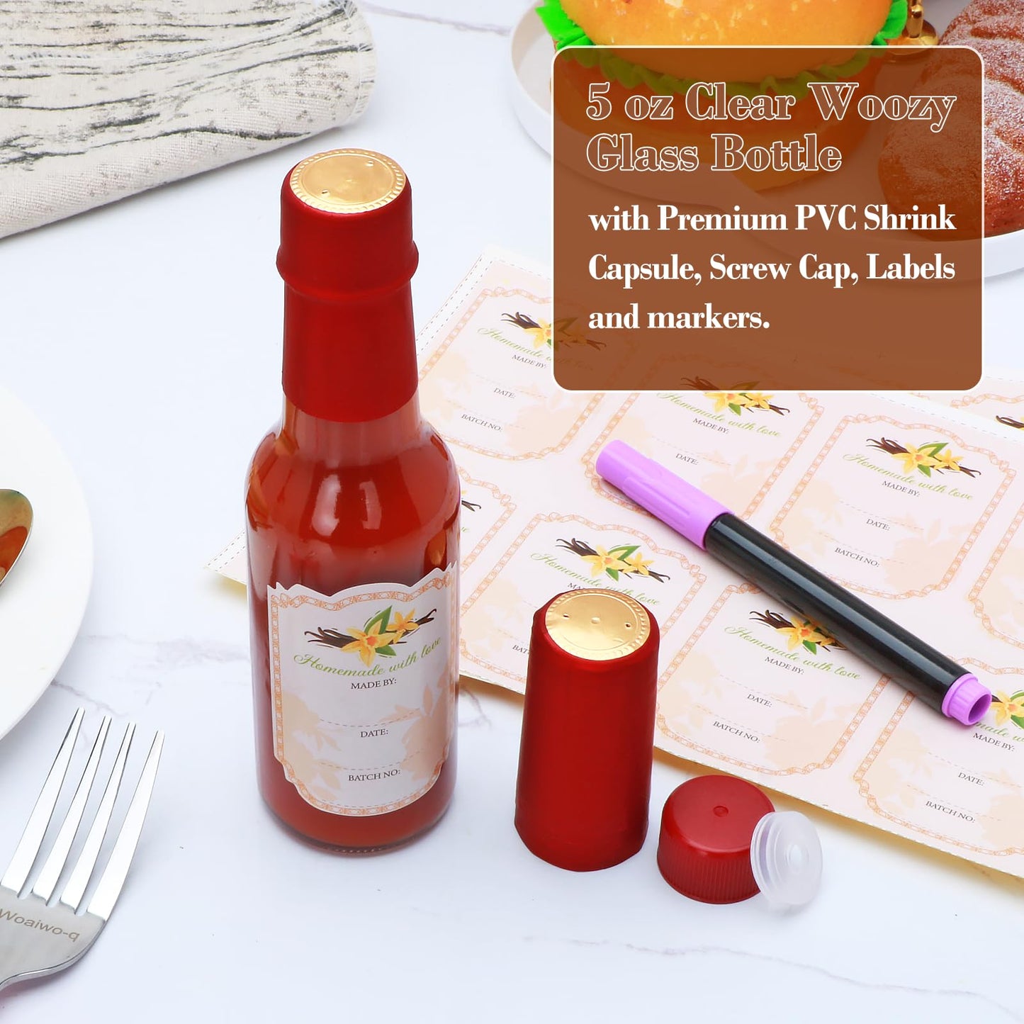 Brajttt 16 pcs 5oz Vanilla Extract Bottles for Homemade,Clear Woozy Bottles with Red Cap,Mini Oil Bottle with Shrink Band for Kitchen,Home Brewing Wine, Sauces and Beverages